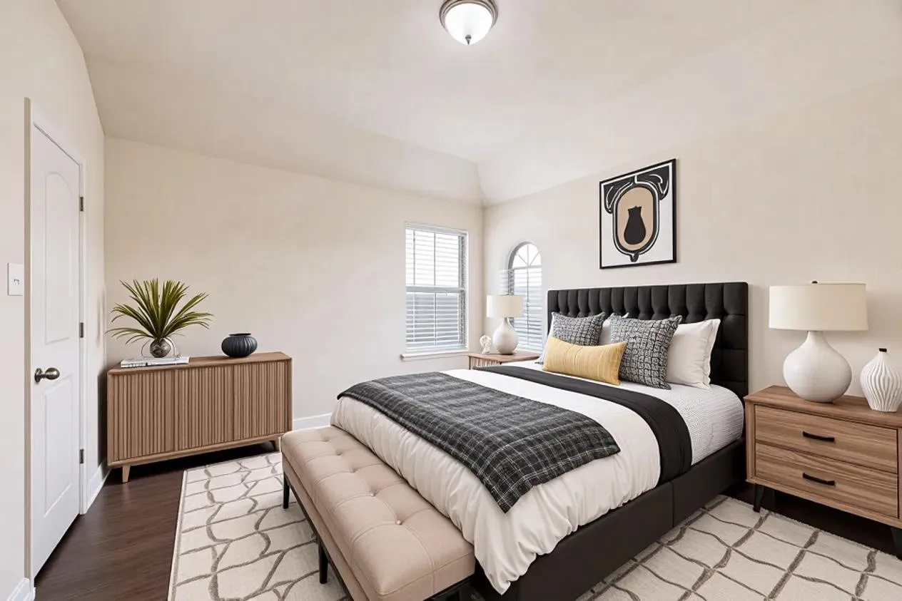 Vaulted ceiling, dark wood-finish flooring, white paneled door, rectangular window, and arched window