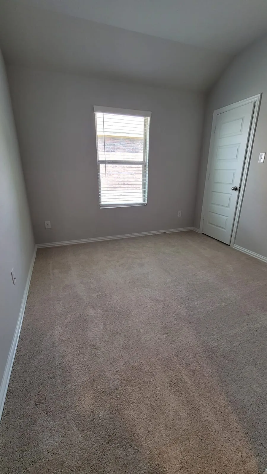 Carpeted room with a vaulted ceiling, a window with blinds, and a paneled interior door