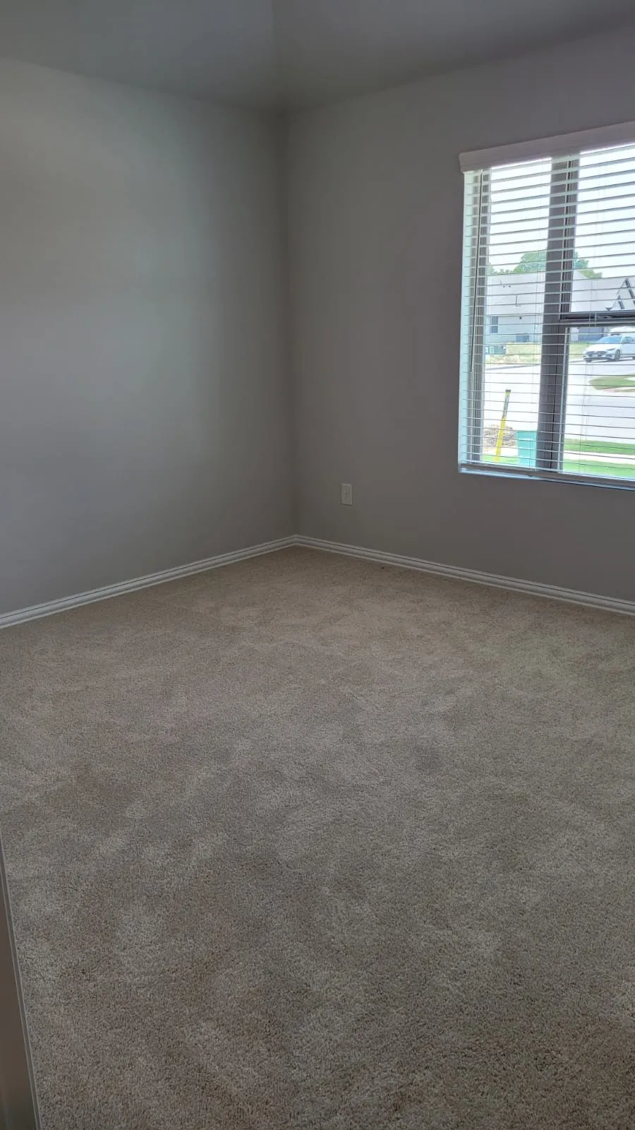 Neutral-toned walls complement the plush carpeting