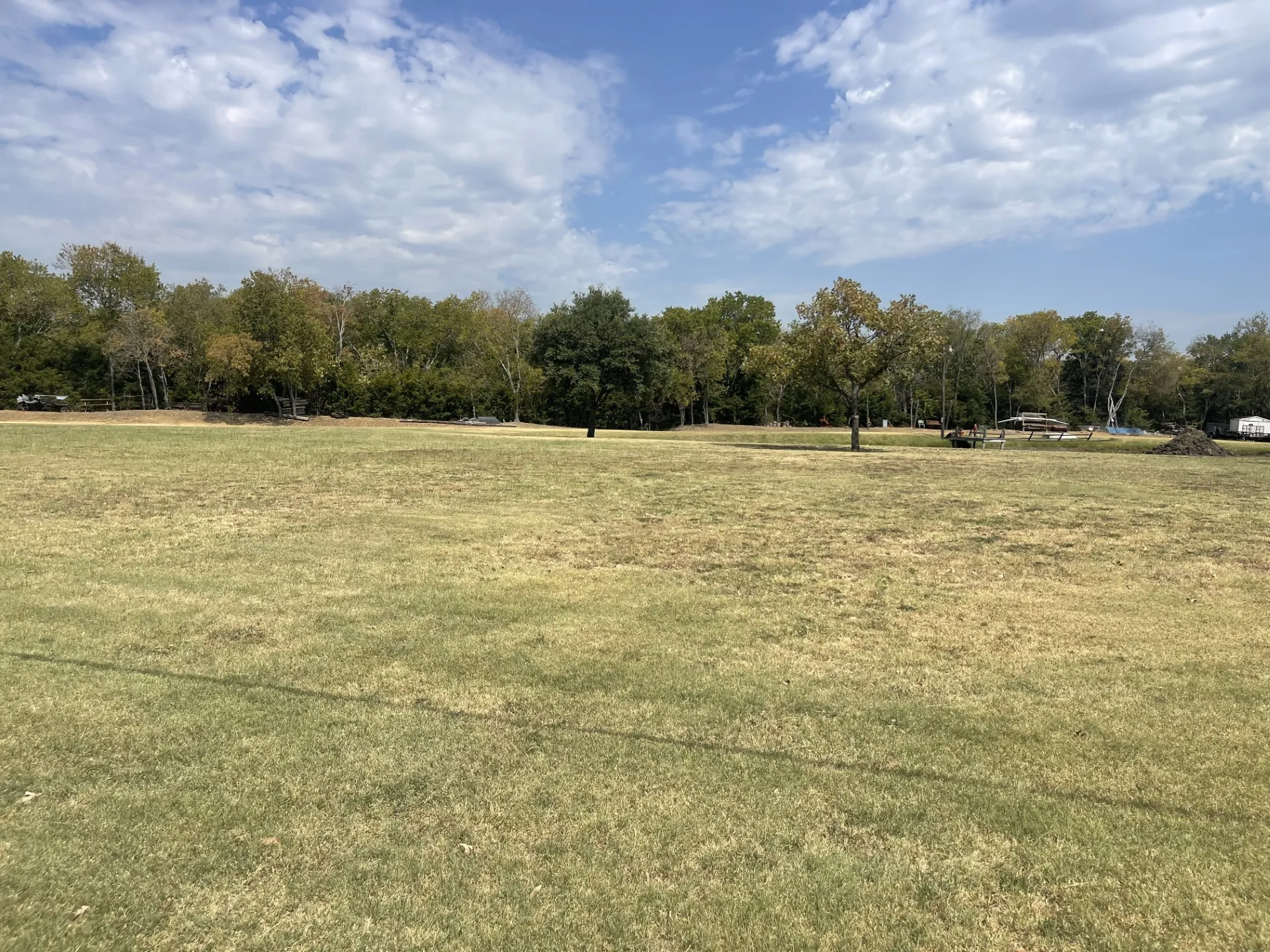 Expansive open lot with a green grass foreground and a dense tree line bordering the property