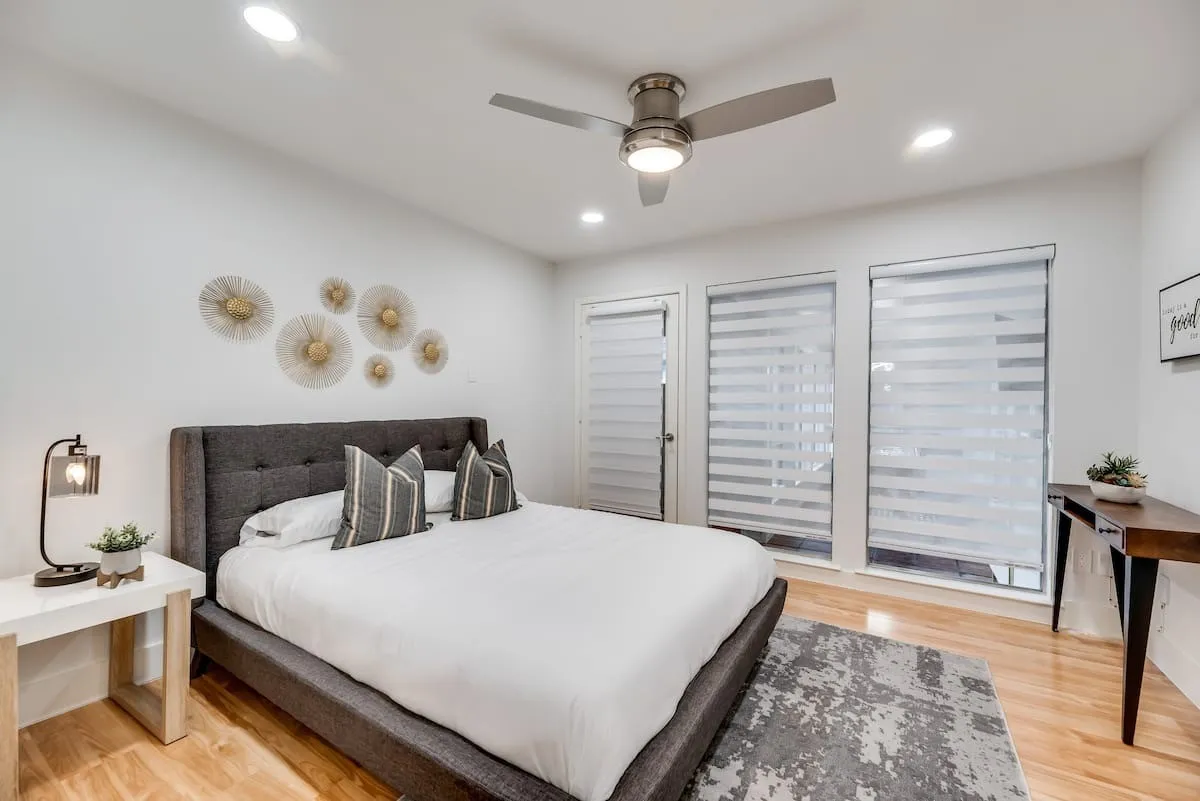 Bedroom #4 with queen size bed, ceiling fan, night stand and lamp!