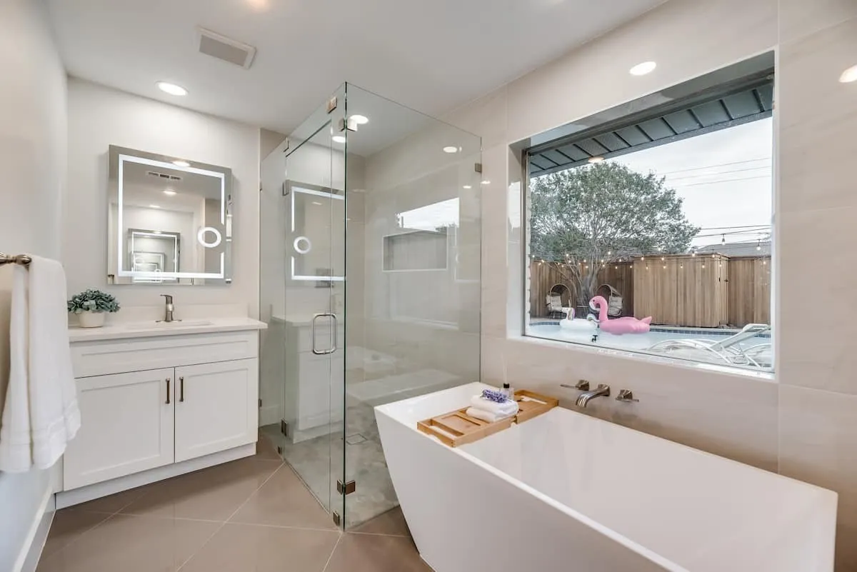 Spa like master bathroom with a soaking tub and walk in shower!