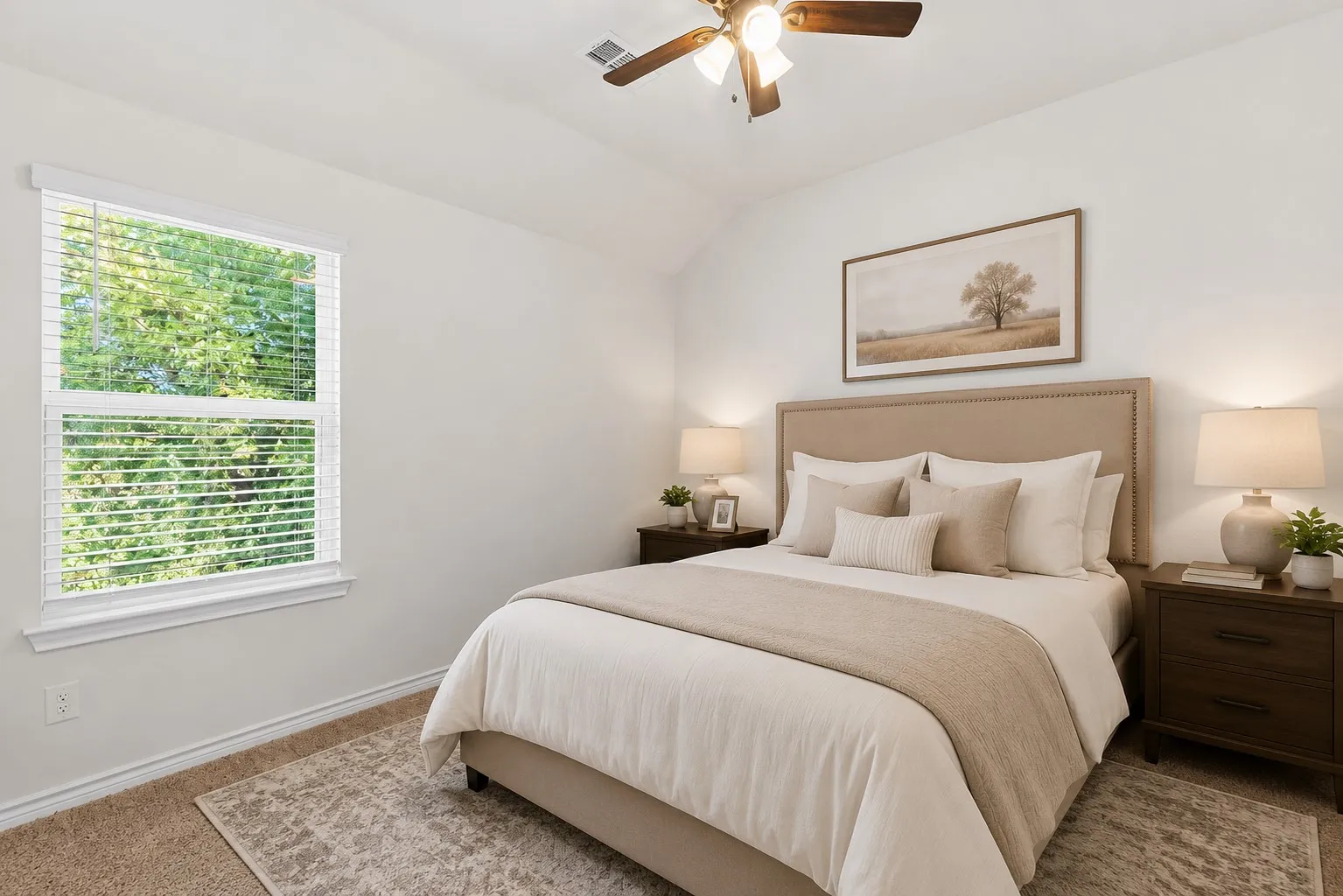 Vaulted ceiling with a ceiling fan and integrated lighting, single window with blinds, carpeted flooring, and neutral wall tones