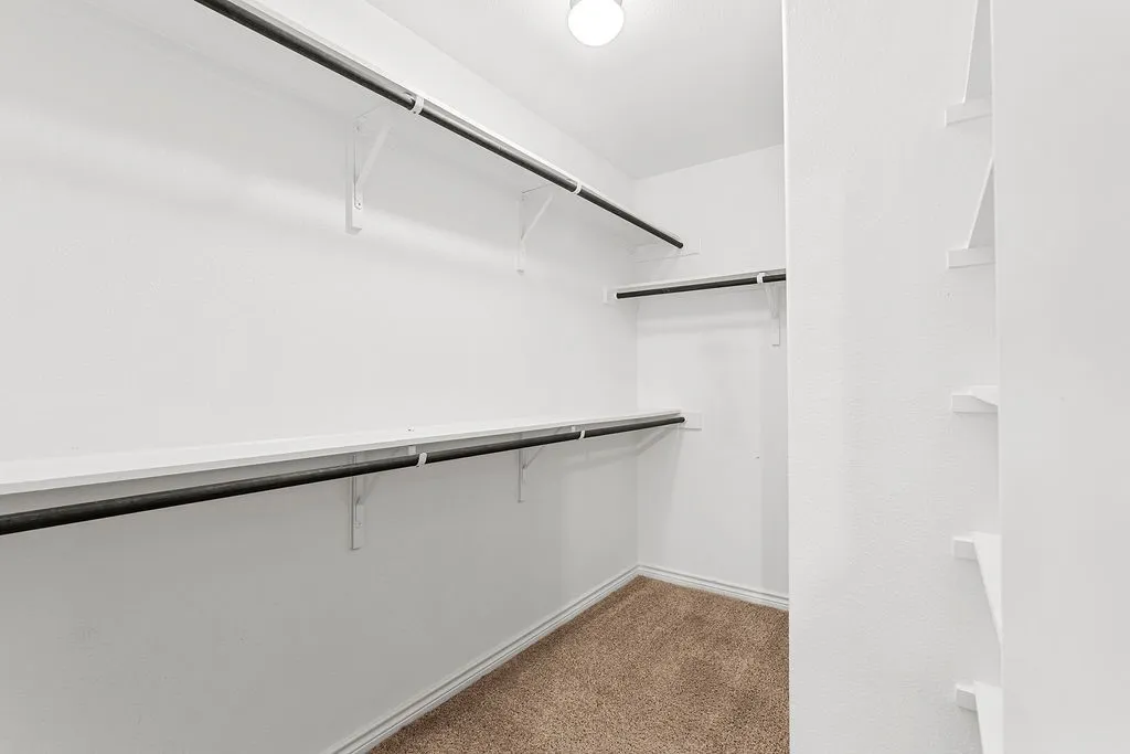 Walk-in closet featuring built-in shelving, multiple clothing rods, an overhead light fixture, and neutral carpeting