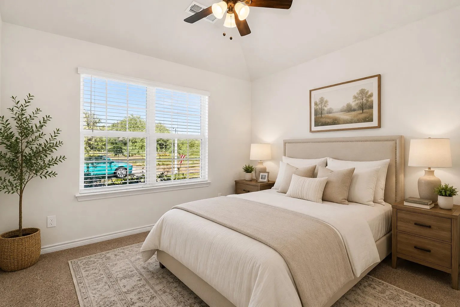 Carpeted flooring, vaulted ceiling, multi-pane window with blinds, and a built-in ceiling fan with integrated lighting