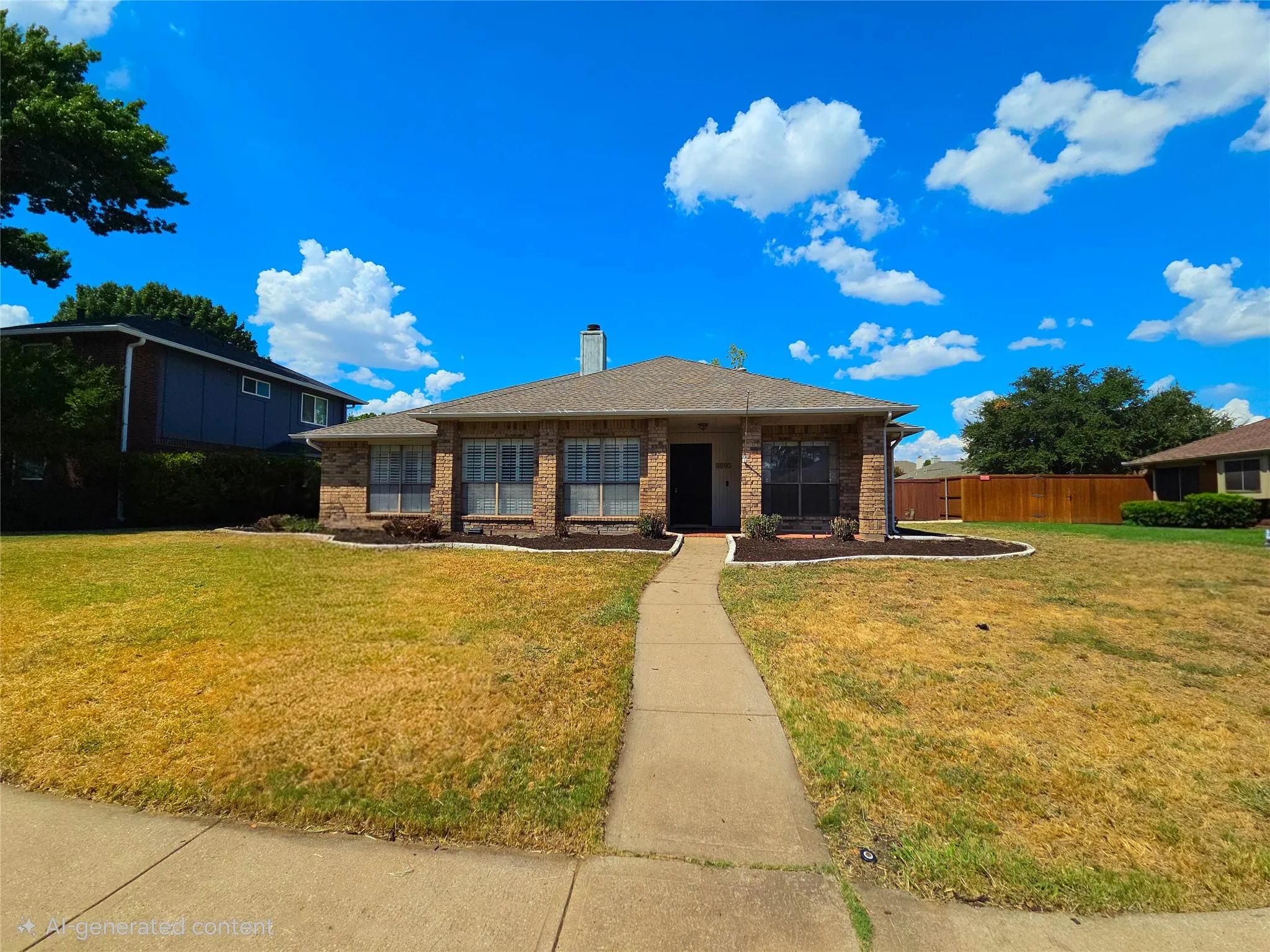 Brick exterior with a covered porch entry, multiple front-facing windows, and a landscaped front planter bed