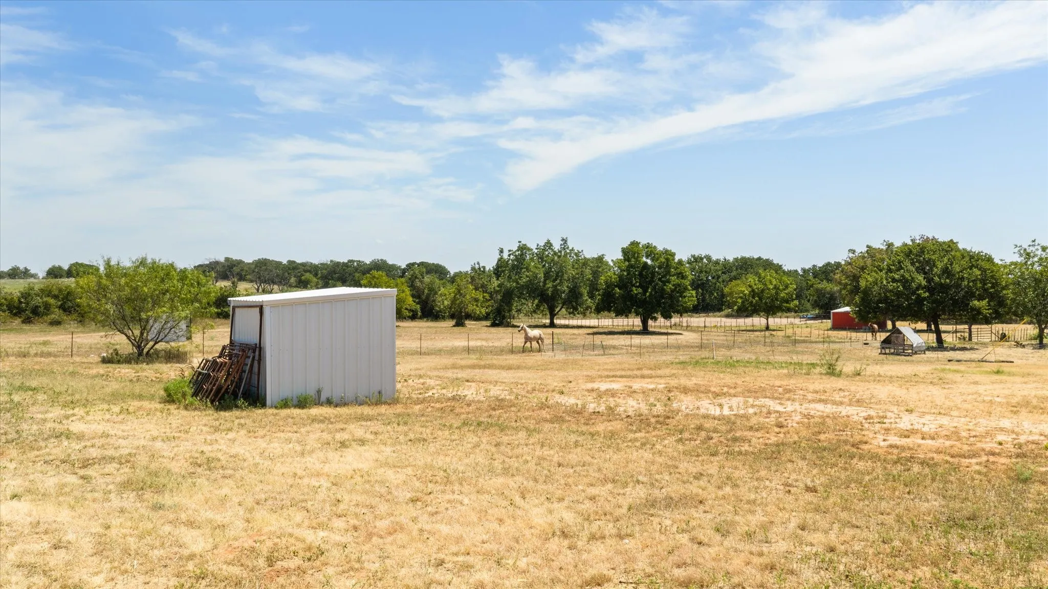 Expansive open land featuring a metal storage shed, scattered mature trees, and a distant red barn structure
