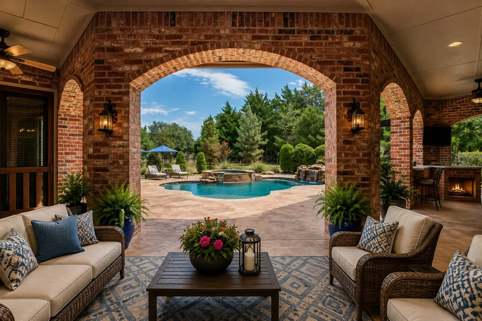 Covered patio with brick archways, ceiling fans, and an outdoor kitchen featuring a built-in fireplace. virtual staged