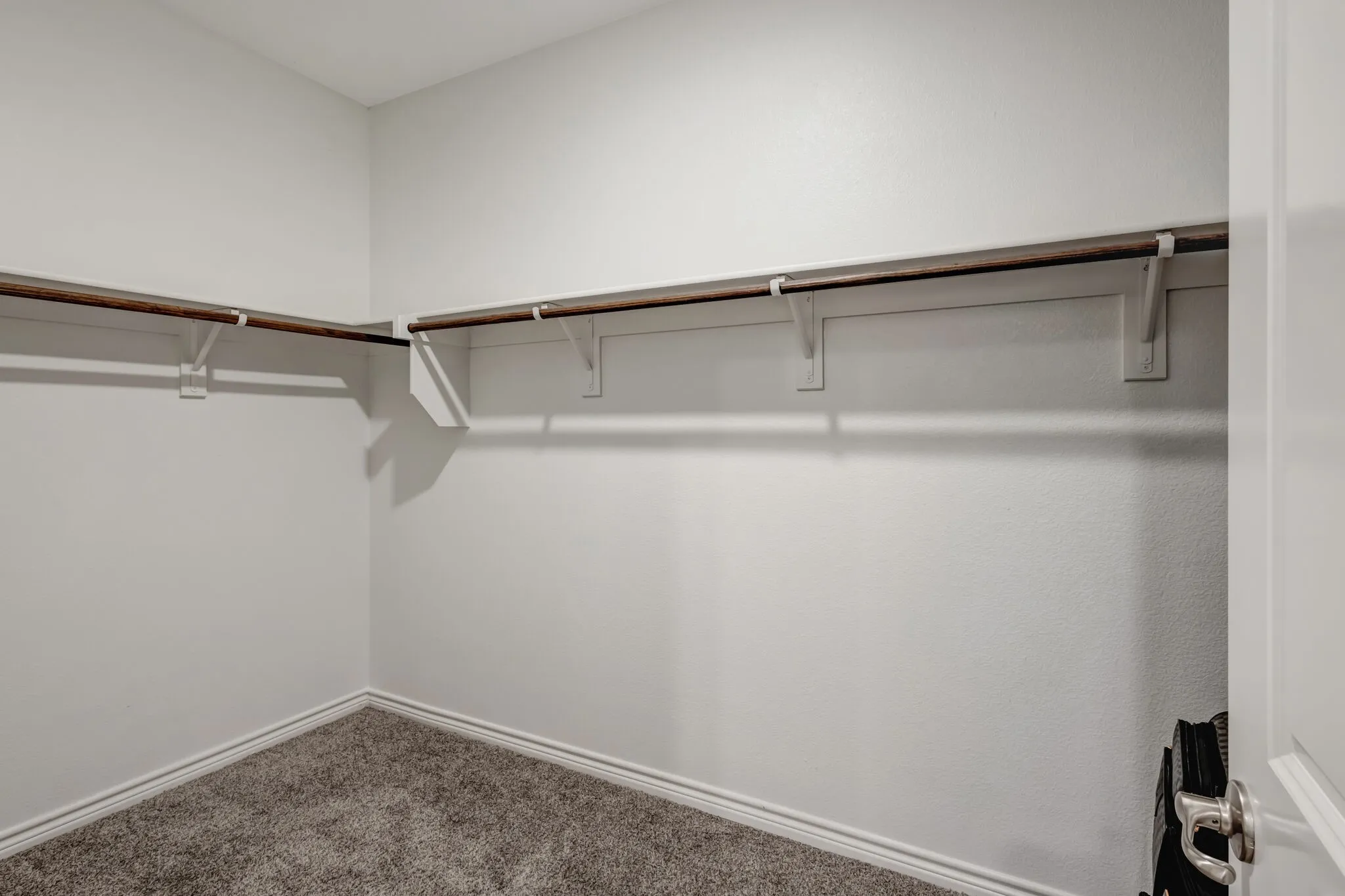 Walk-in closet with ample hanging space, wood-finish rods, white shelving, and textured carpeting