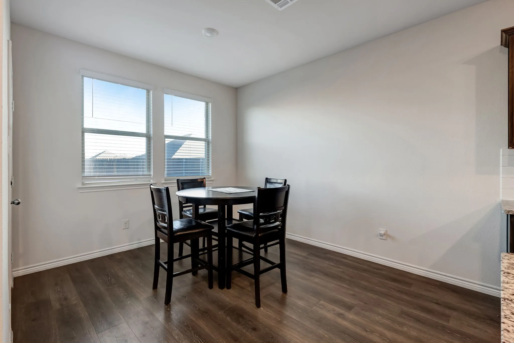 Wood-finish flooring with white baseboards, two windows with blinds, and white wall finishes