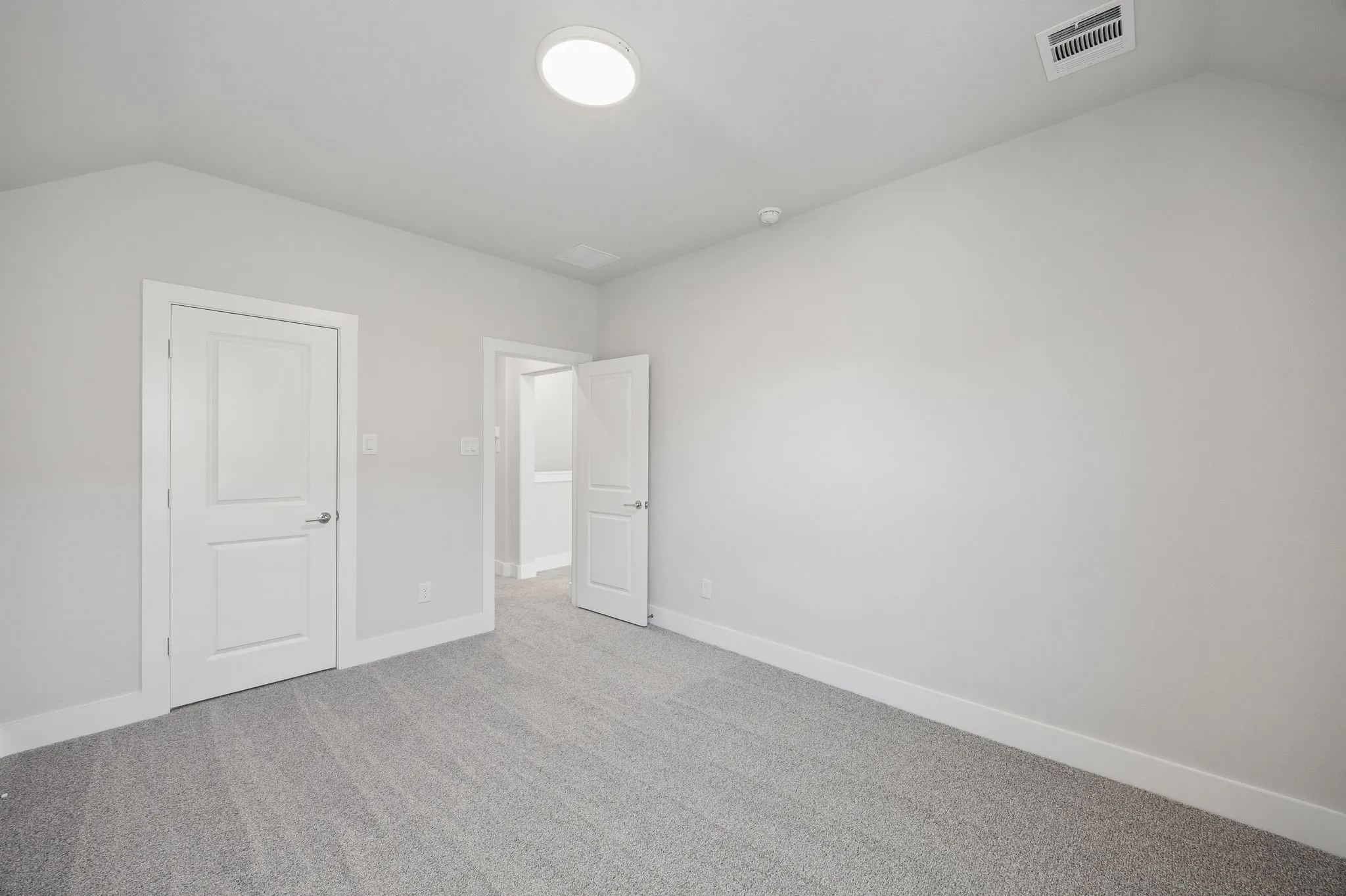 Light gray wall paint, gray carpet flooring, white trim, and a flush-mount ceiling light