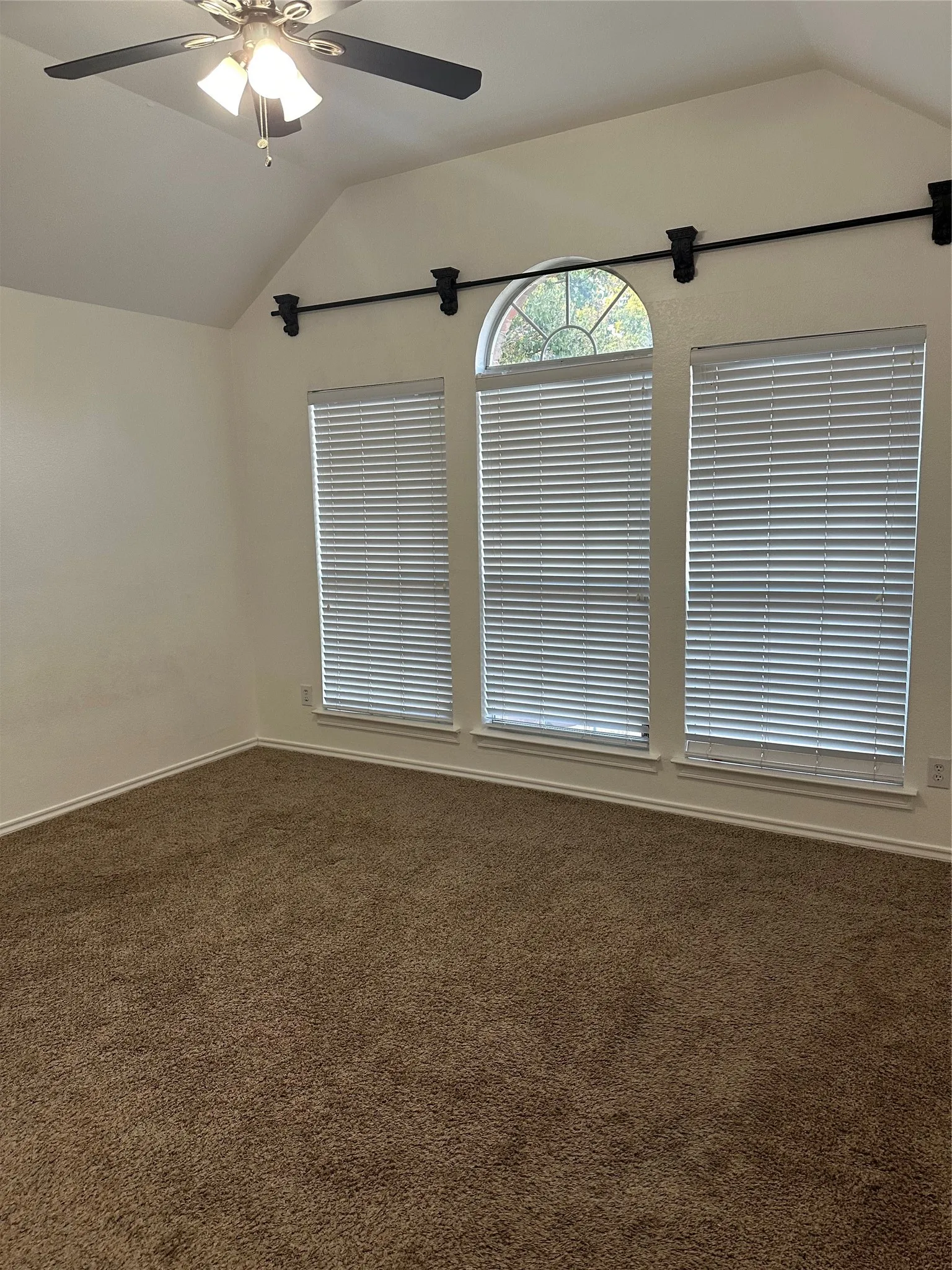 Vaulted ceiling with an attached ceiling fan and light fixture