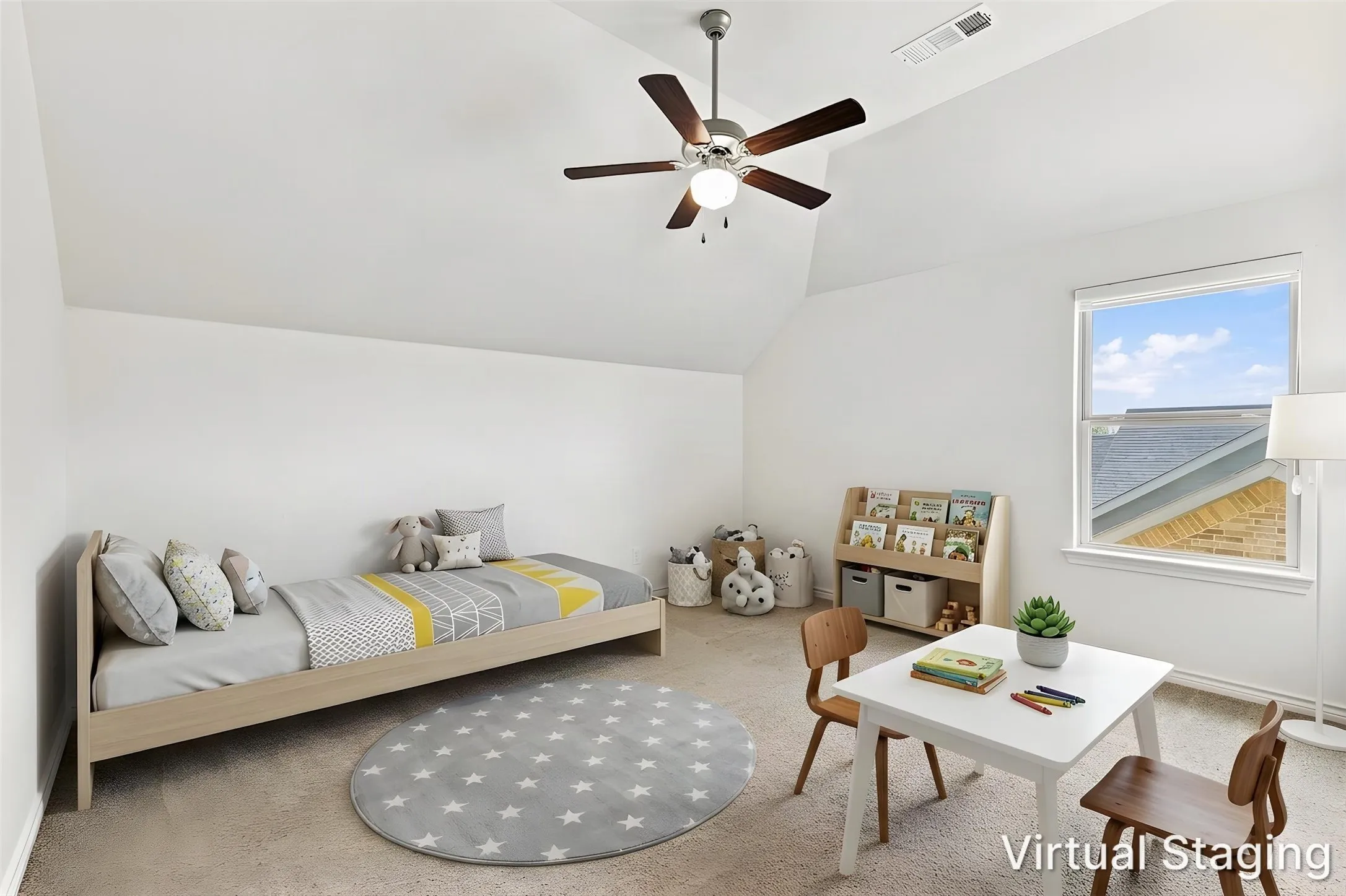 Vaulted ceiling, ceiling fan with integrated lighting, window with exterior building visible, and light-toned carpet flooring