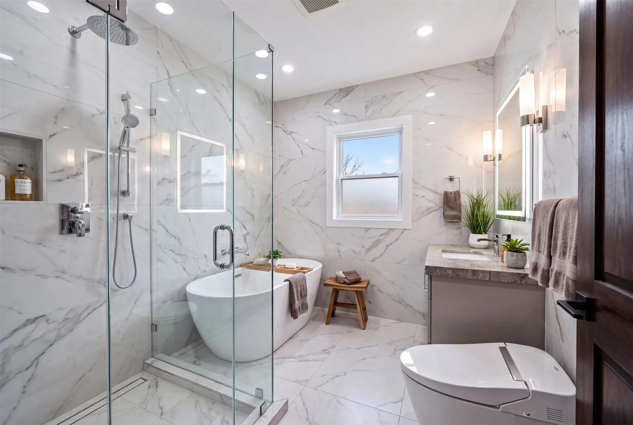 Virtually Altered. Spa-inspired bathroom featuring a freestanding soaking tub, glass-enclosed shower with rainfall showerhead, and wall-mounted vanity with integrated sink