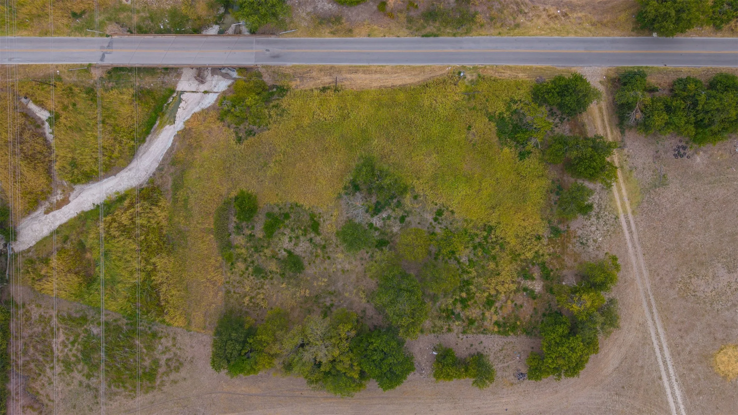 Expansive parcel featuring a paved road frontage, natural ground cover, and scattered mature trees