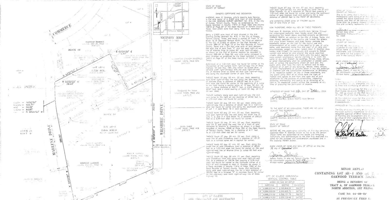 Survey Plat: Displaying the property's boundaries, dimensions, and other relevant geographical data, along with various certifications and descriptions