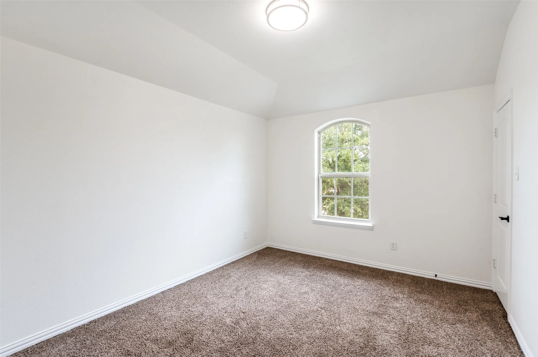 Arched window with exterior tree scenery, flush mount ceiling light, and brown carpet flooring
