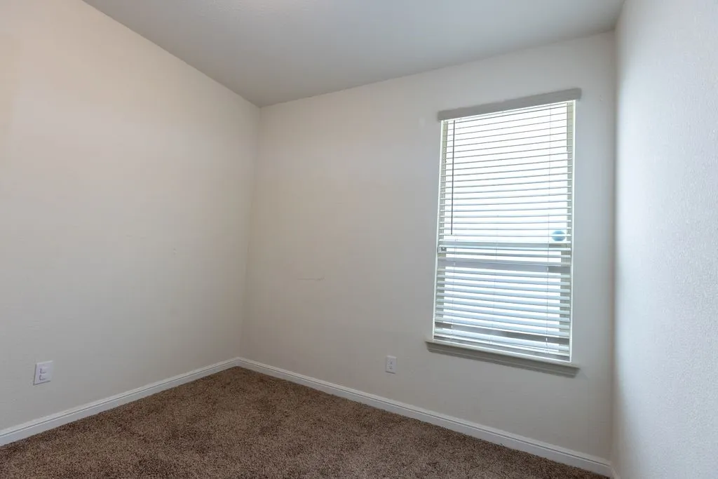 Neutral wall paint with textured finish, window with blinds, and carpeted flooring