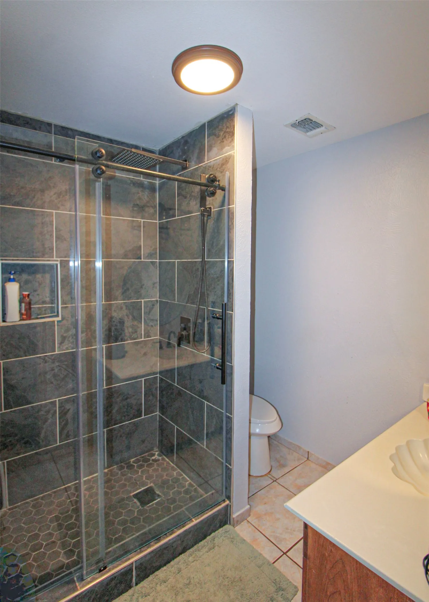 Walk-in shower with dark tile surround, glass enclosure, and hexagon tile flooring