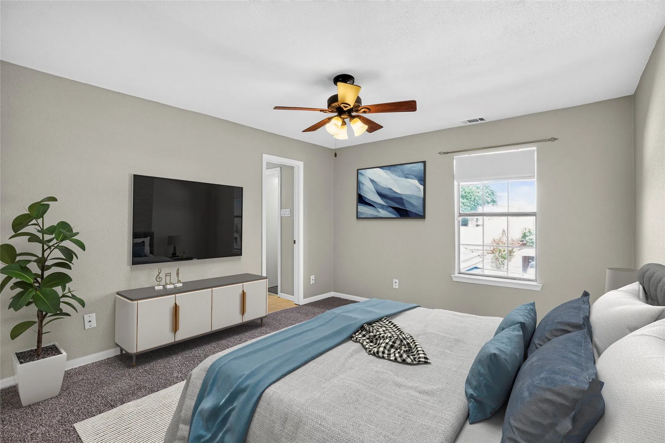 Recessed lighting, ceiling fan with light fixture, single window, wall-mounted television, and wood-finish flooring