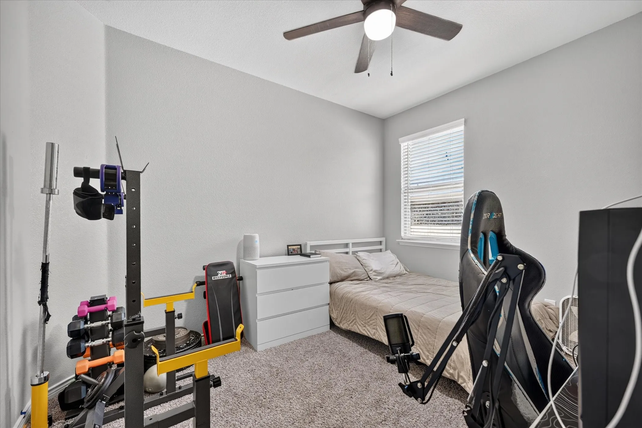 Recessed window with blinds, ceiling-mounted fan with integrated lighting, textured carpeting, and light-toned wall finishes