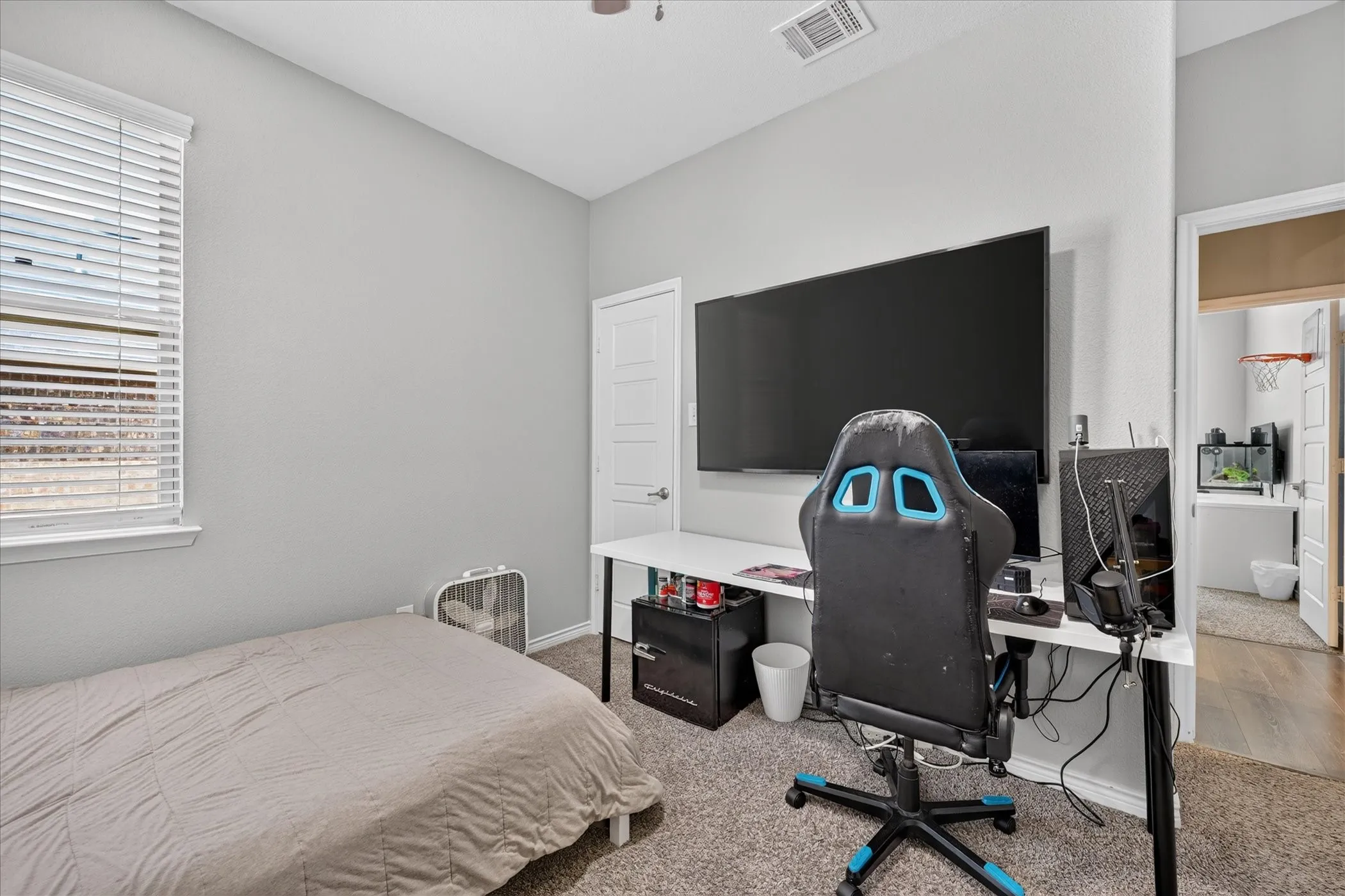 Neutral wall color, window with horizontal blinds, textured carpet, white interior door, and a wall-mounted flat-screen display