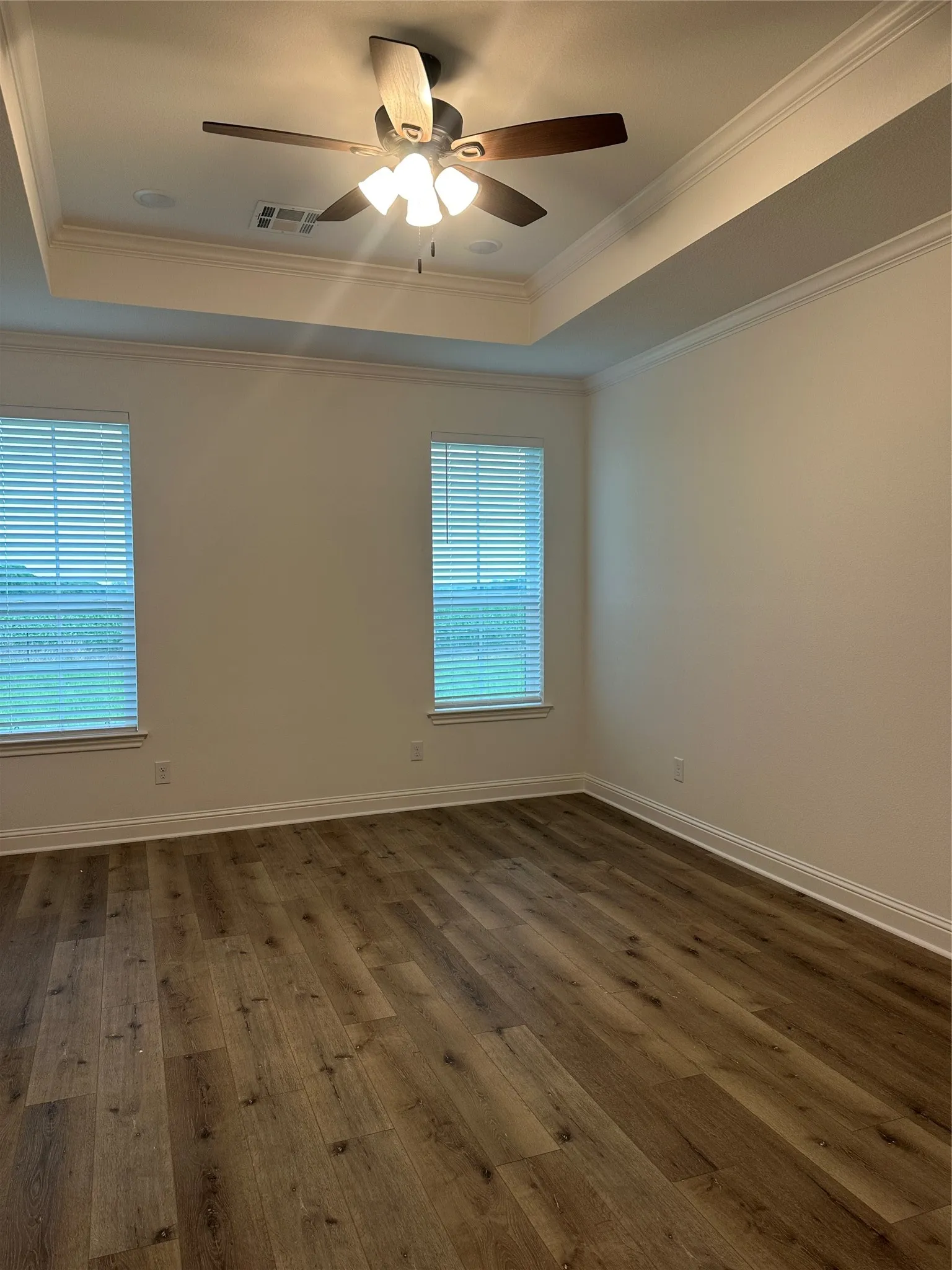 Tray ceiling with crown molding, wood-finish flooring, two windows with blinds, and a ceiling fan with light fixture