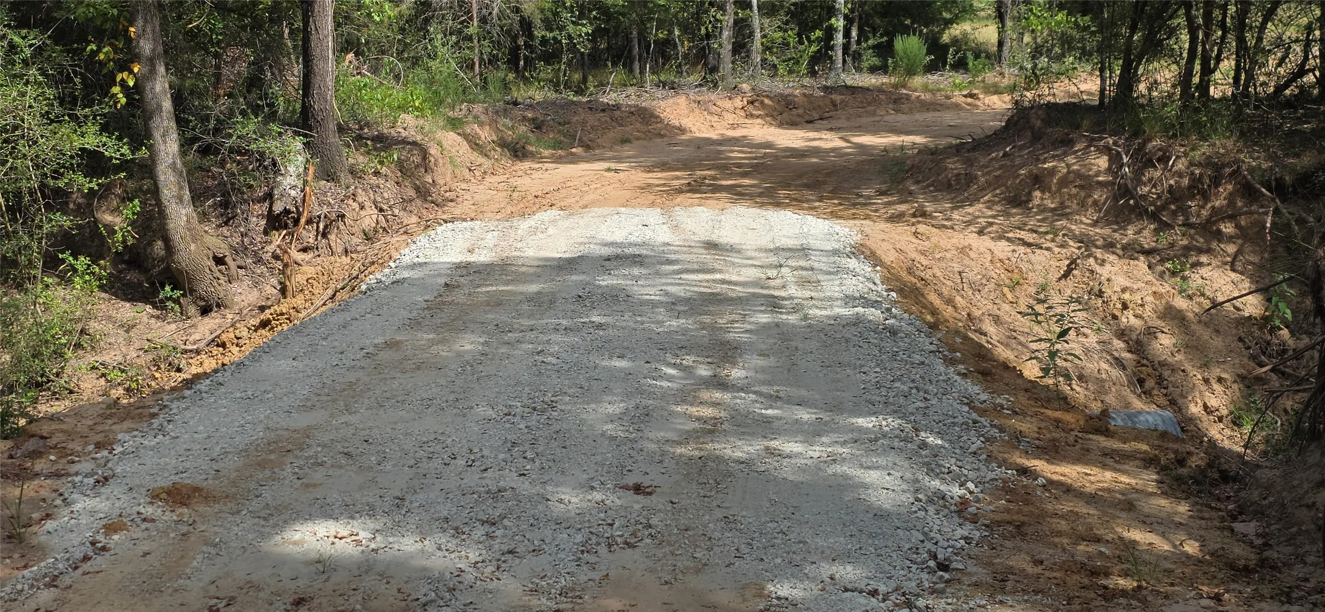 Gravel driveway with natural wooded surroundings