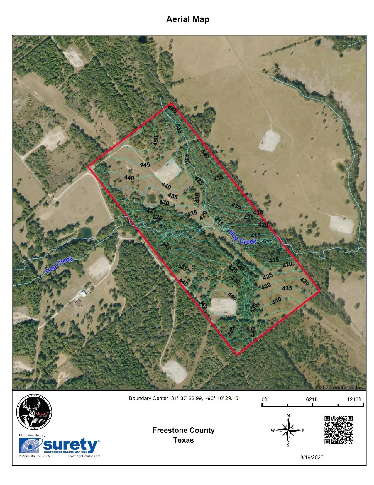 Aerial Map. Illustrating the property boundary with contour lines and geographical coordinates