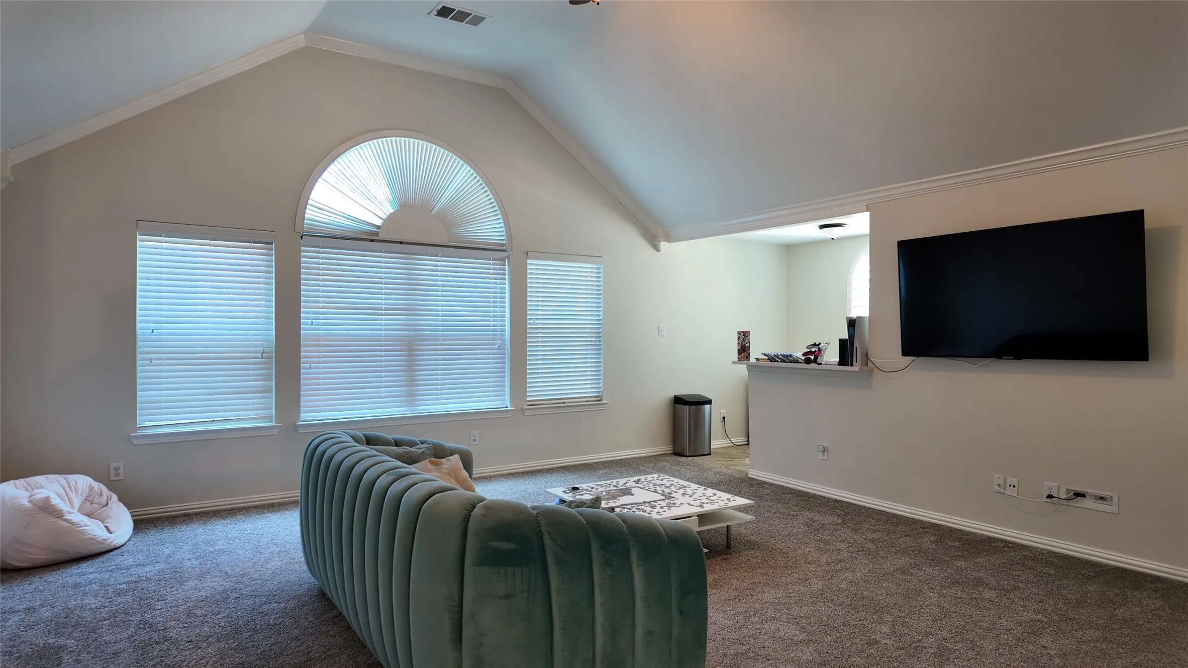 Vaulted ceiling with crown molding, arched transom window, three large windows with blinds, plush gray carpeting, and a built-in half-wall partition