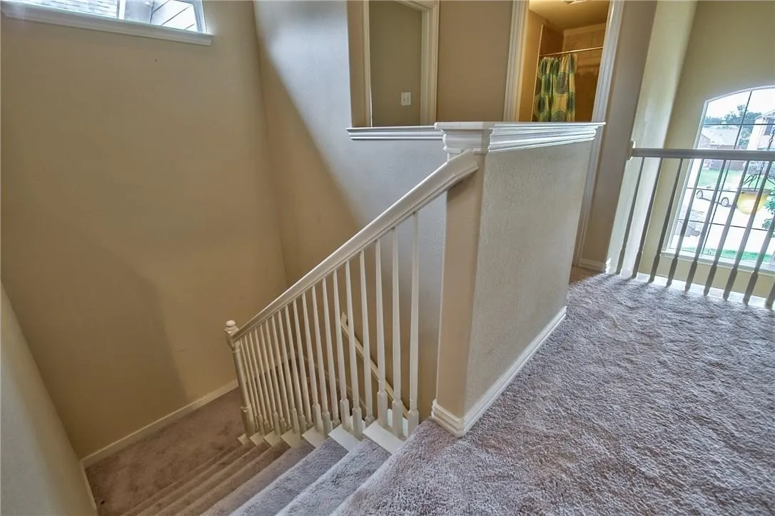 Carpeted stairs with white balusters and handrail