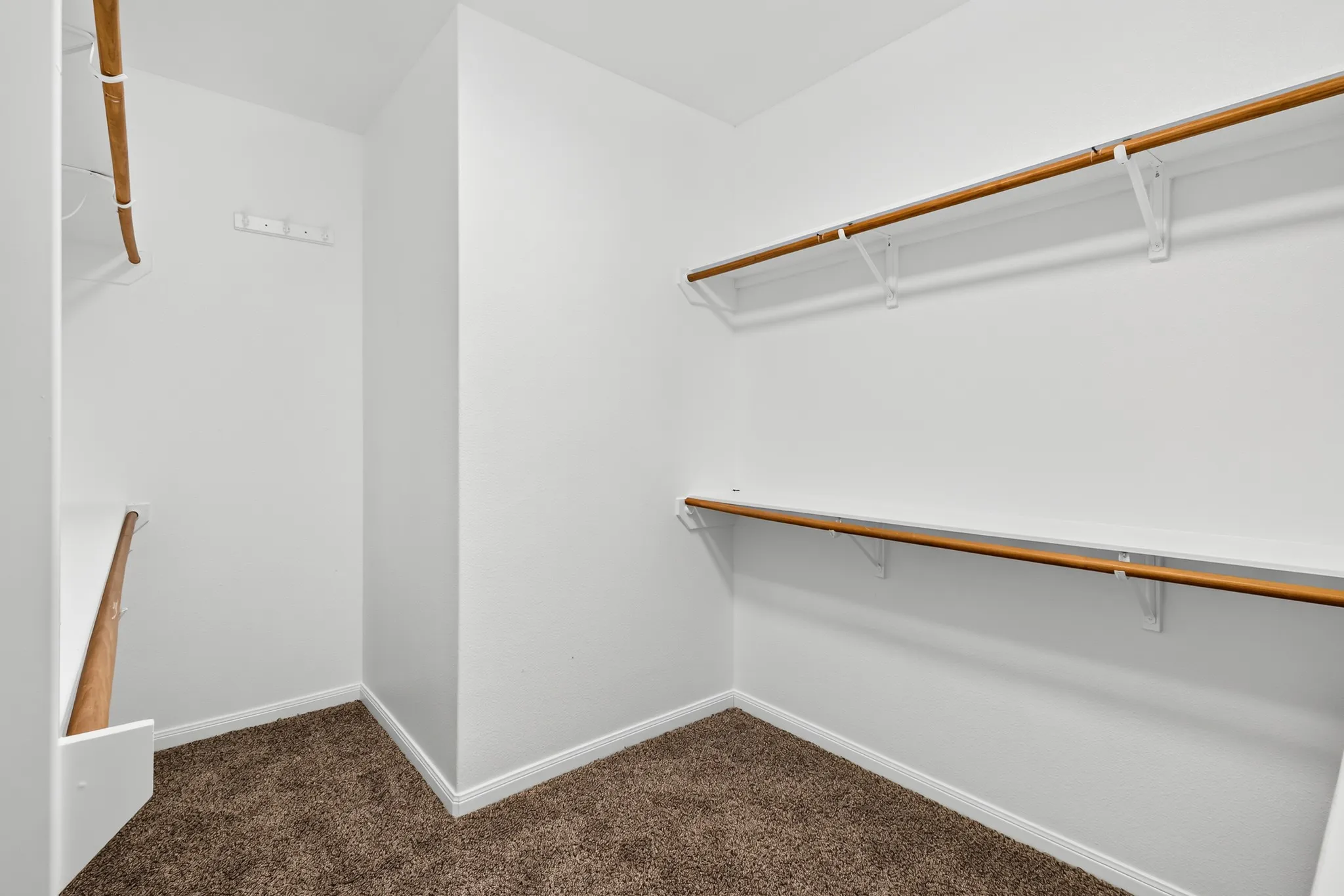 Closet with brown carpeting, white walls, and built-in wood-finish shelving and rods