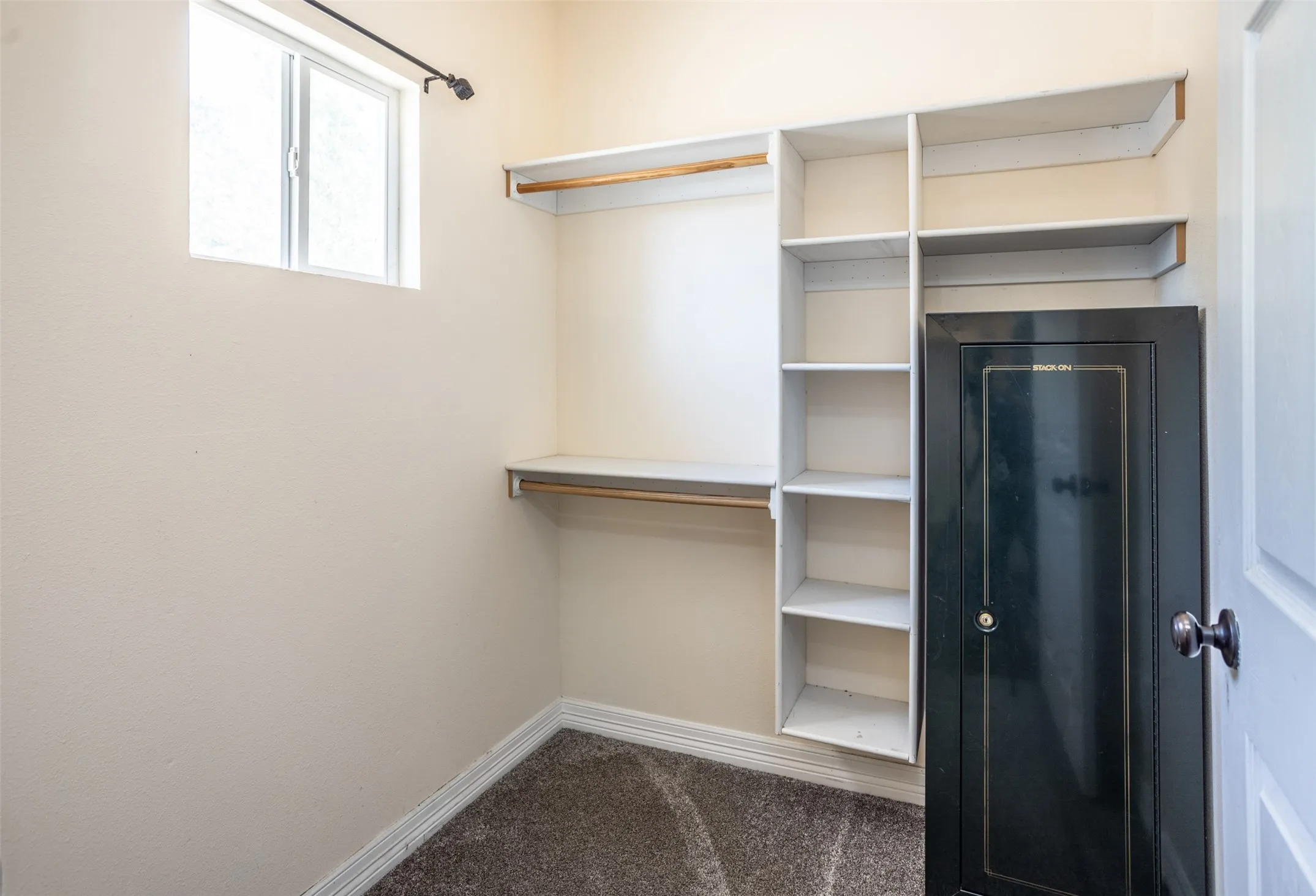Built-in shelving, hanging rods, window, and wall-to-wall carpeting