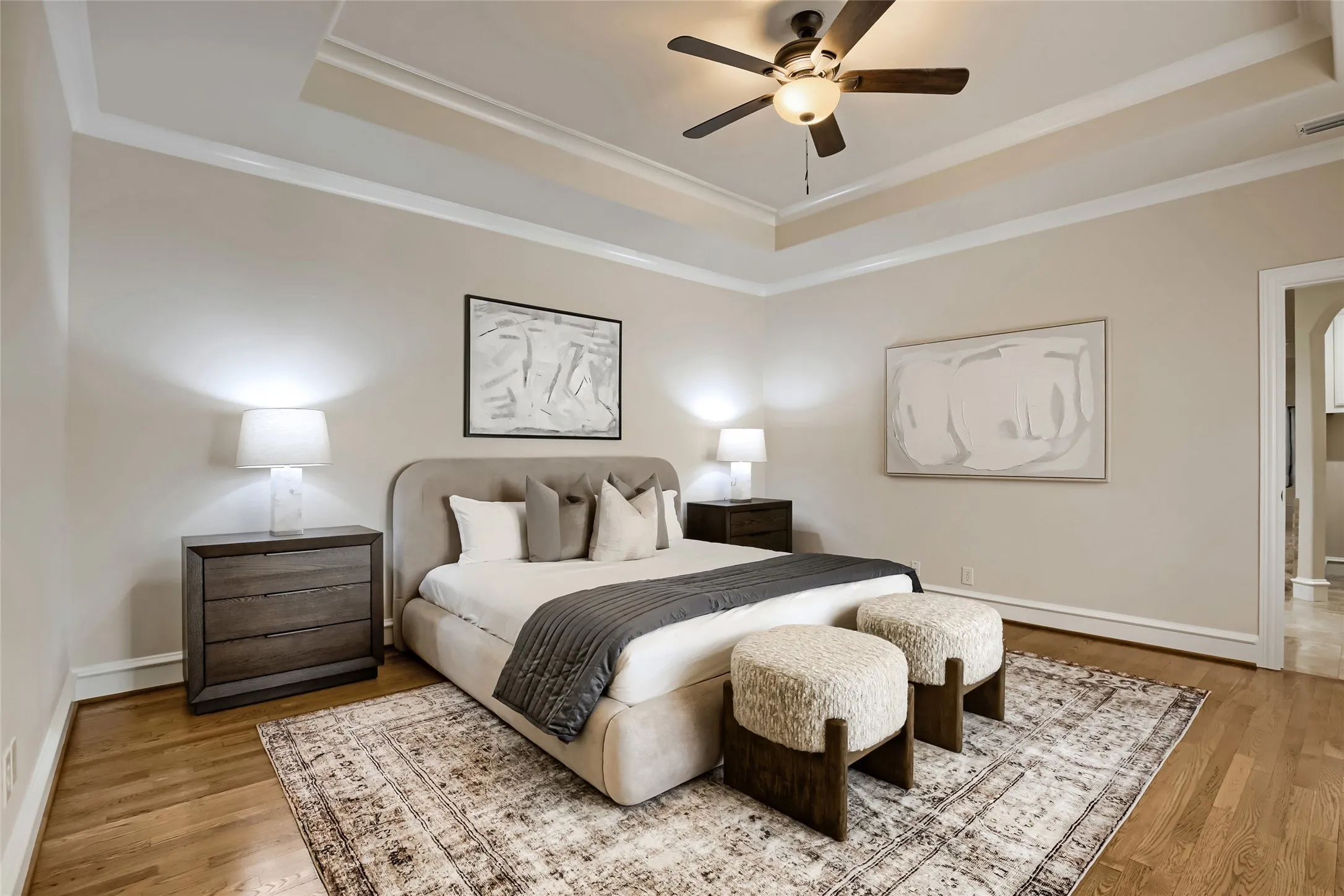 Coffered ceiling and recessed lighting.