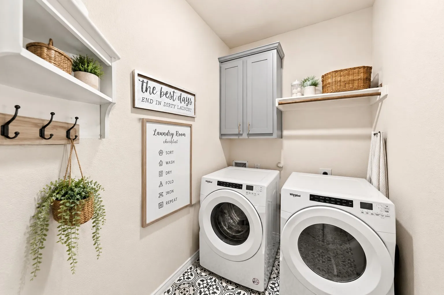 Built-in overhead cabinetry, open shelving, and patterned floor tile