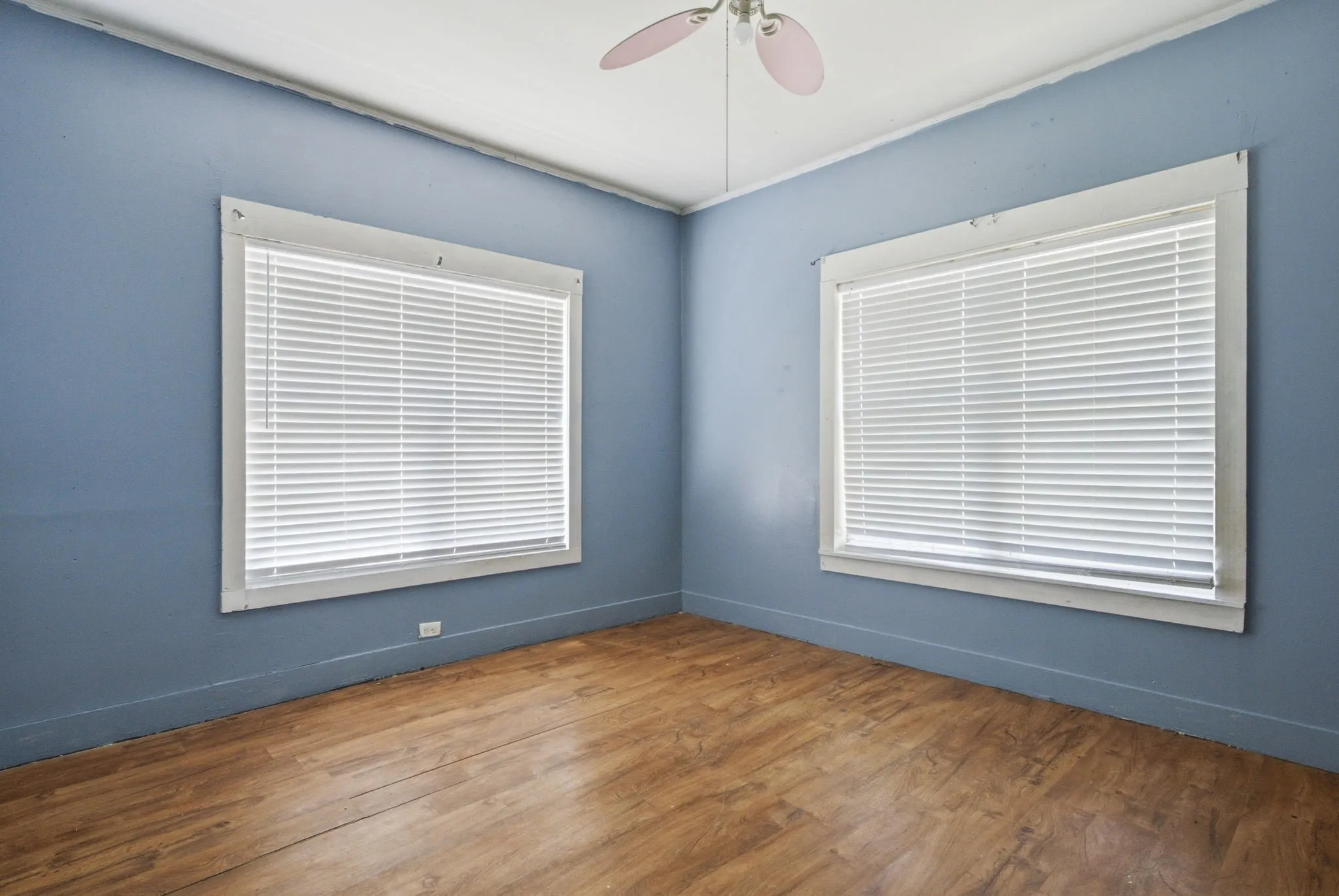Wood-finish flooring with blue wall tones, two large windows, and a ceiling fan fixture