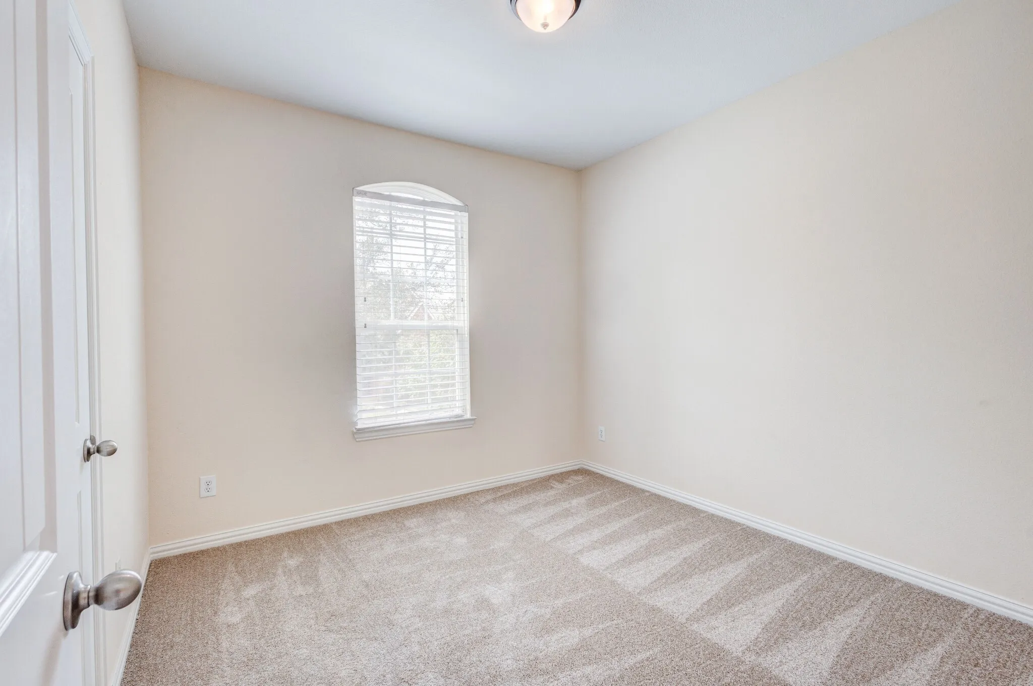 Neutral-toned walls complement the textured carpet flooring