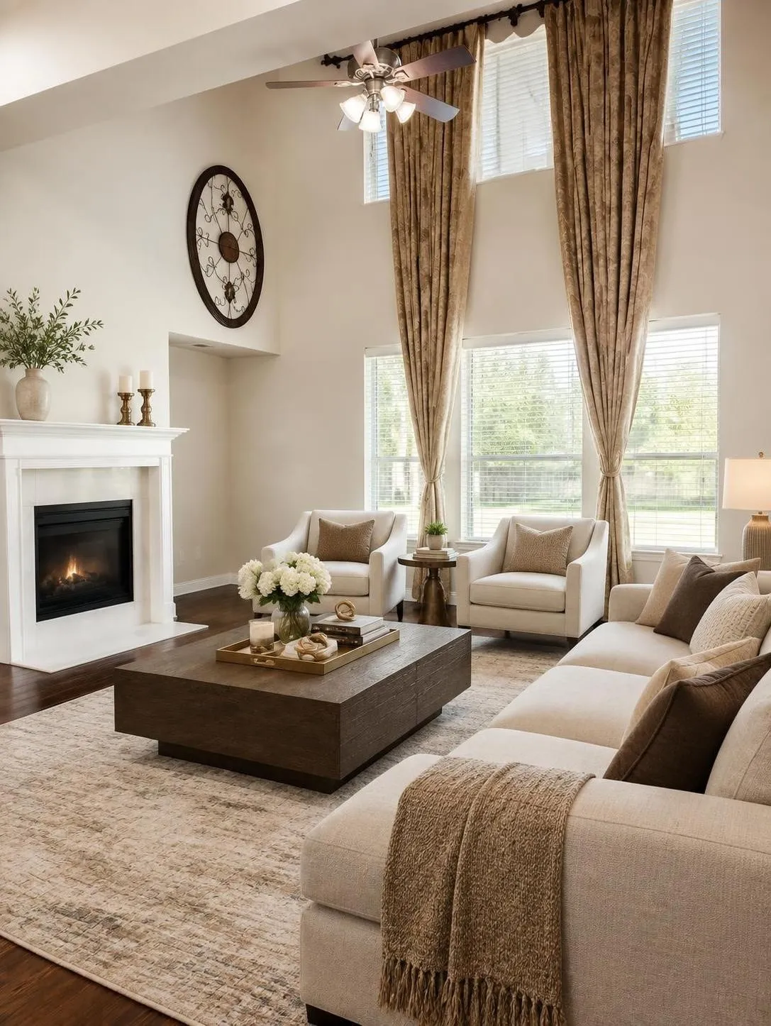 Two-story living area featuring a fireplace with a classic mantel, wood-finish flooring, and a ceiling fan