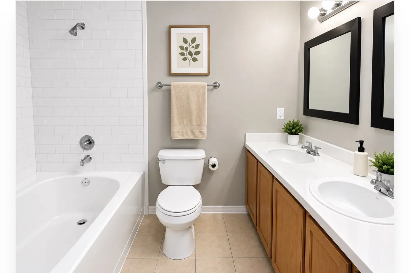 Full tub with dual sinks.