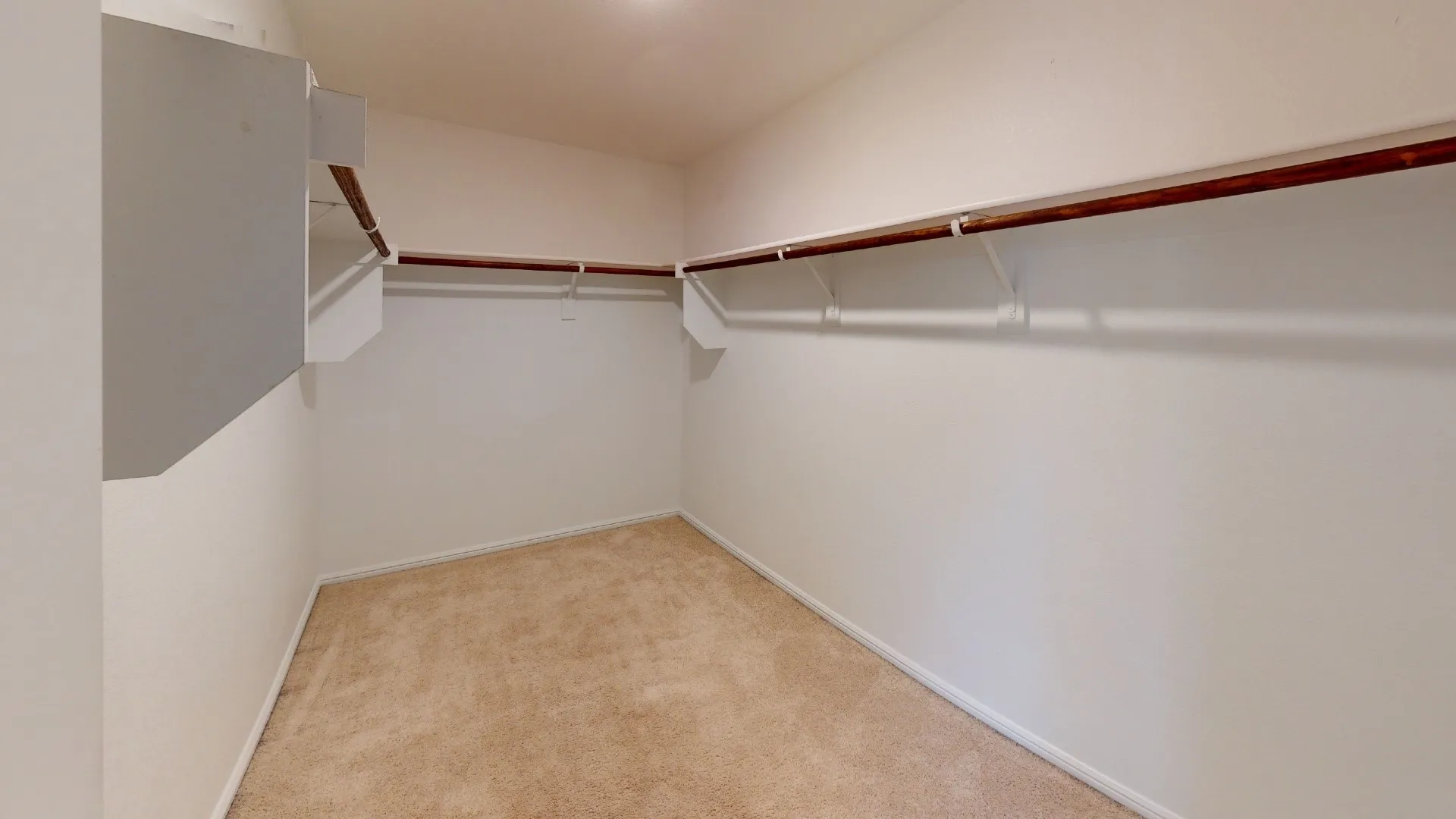 Spacious walk-in closet featuring dual wood-finish hanging rods, carpeted flooring, and abundant storage capacity with overhead shelving and organizational systems