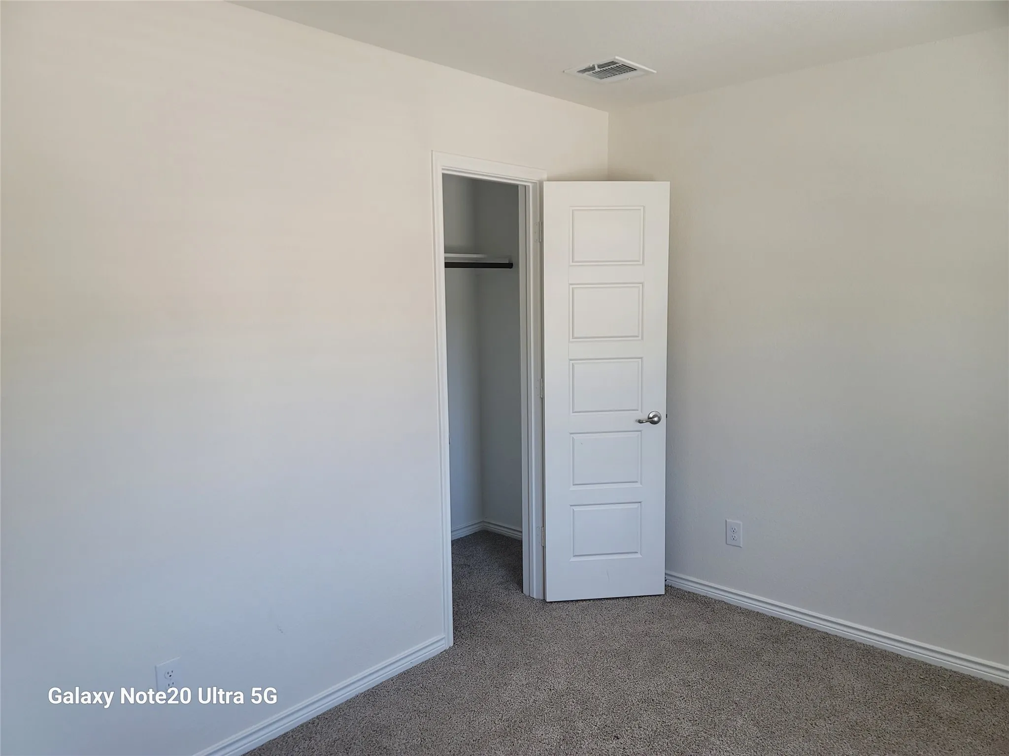 Neutral wall paint, plush carpeting, paneled interior door, and built-in closet rod