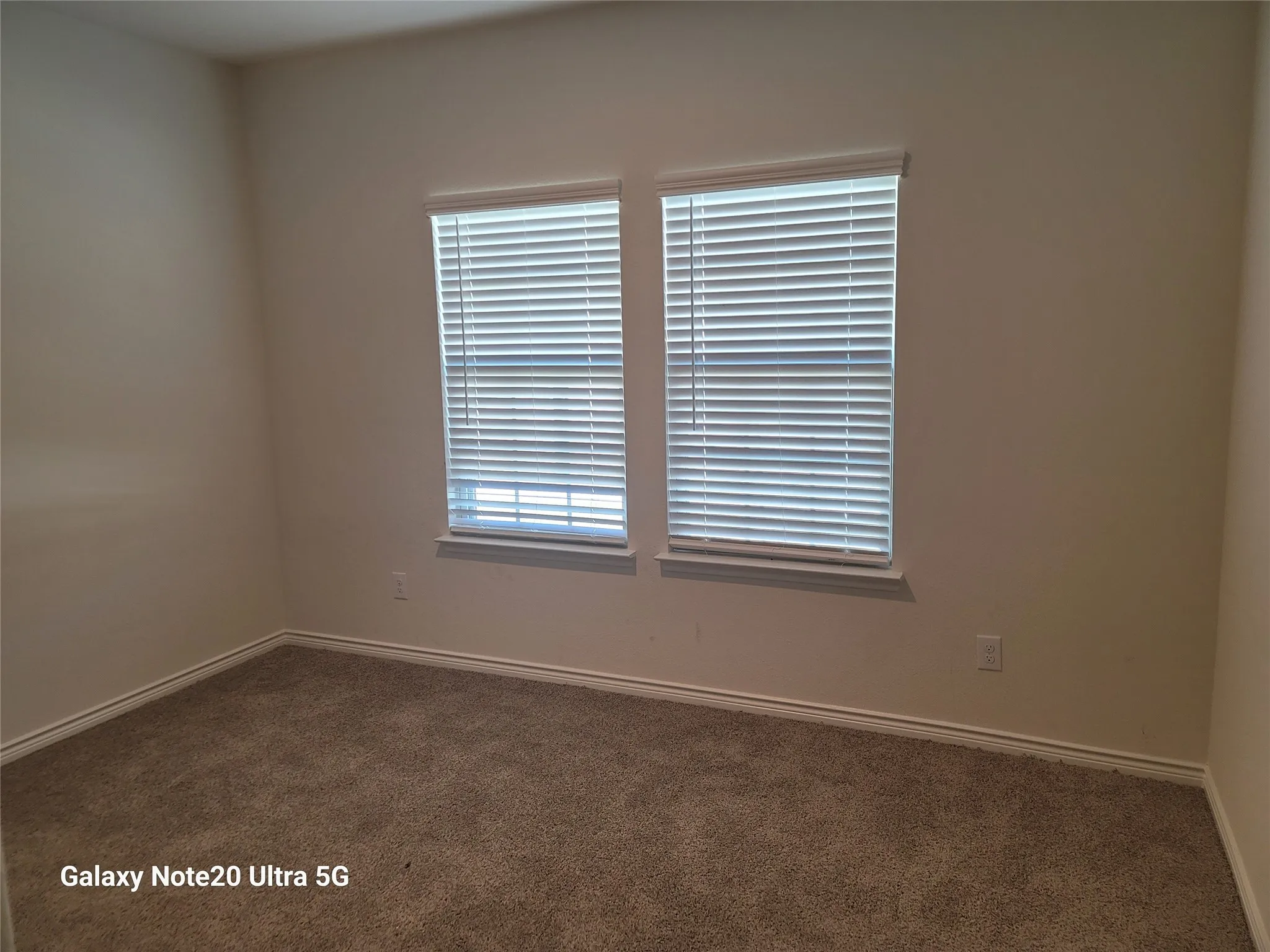 Neutral tone wall color, two windows with blinds, and low-pile carpet flooring