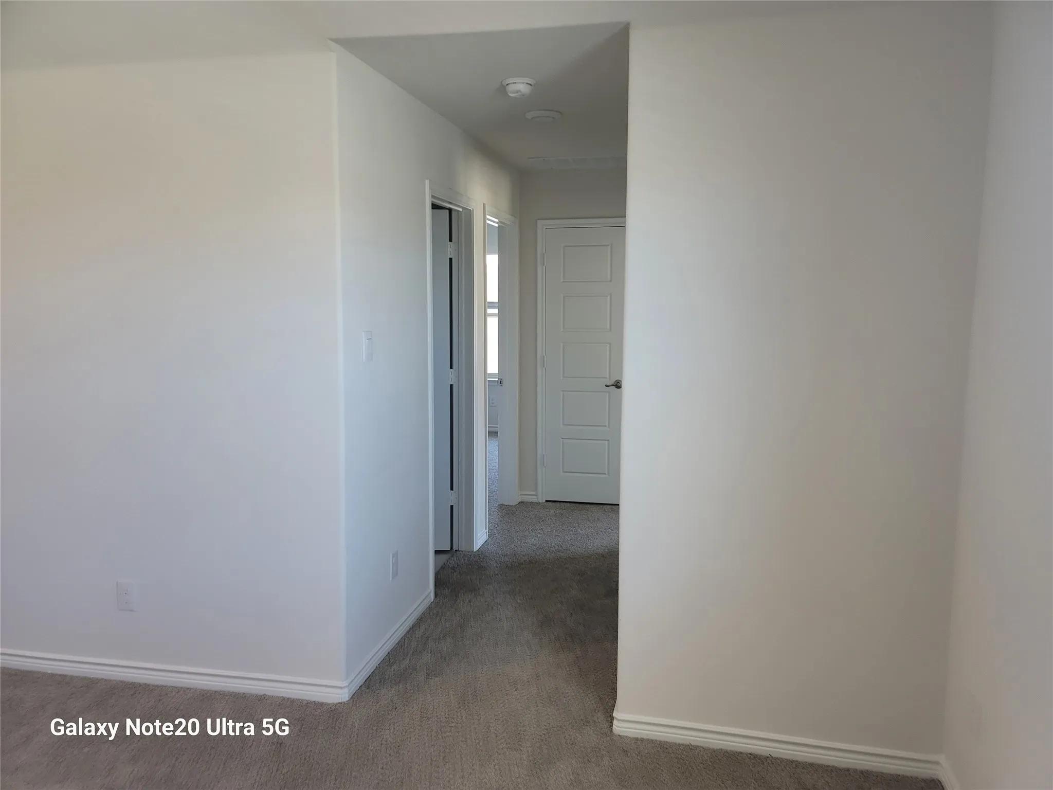 Carpeted hallway with white walls and a white paneled door