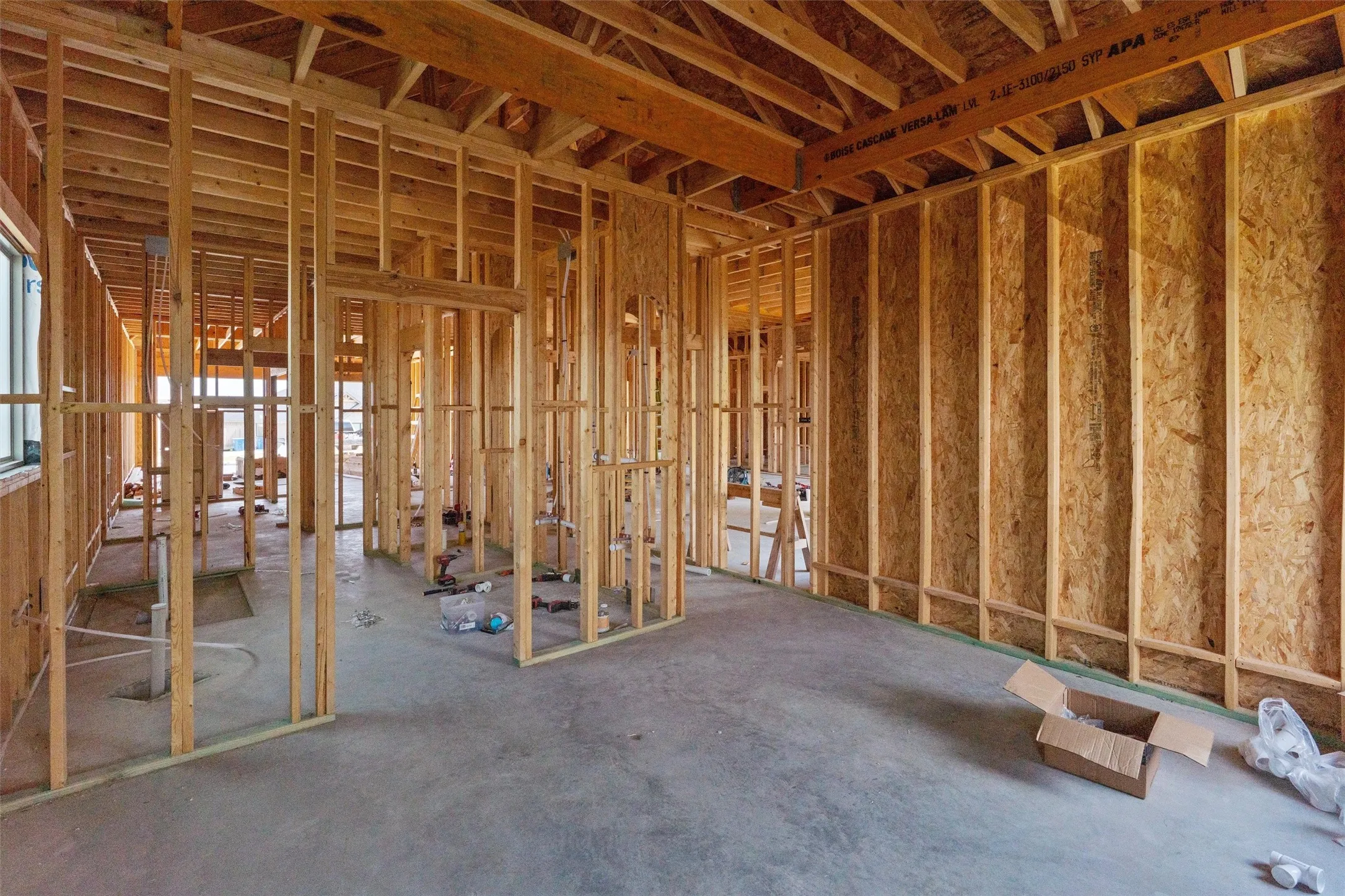 New construction framing with exposed wood beams