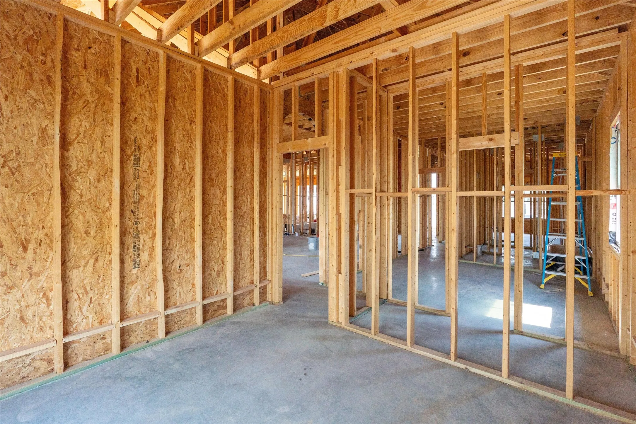 New construction framing showcasing wood studs and engineered wood sheathing