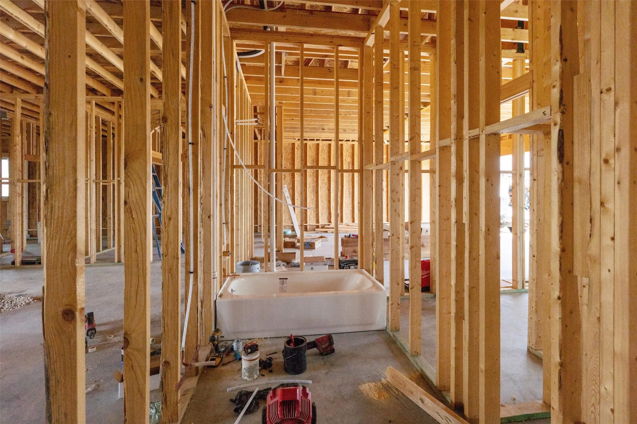 New construction framing with an installed soaking tub