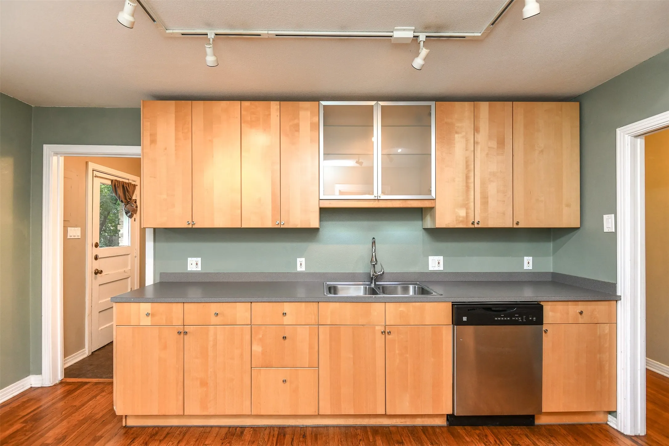 Kitchen featuring stainless steel dishwasher, rail lighting, sink, and dark wood-type flooring