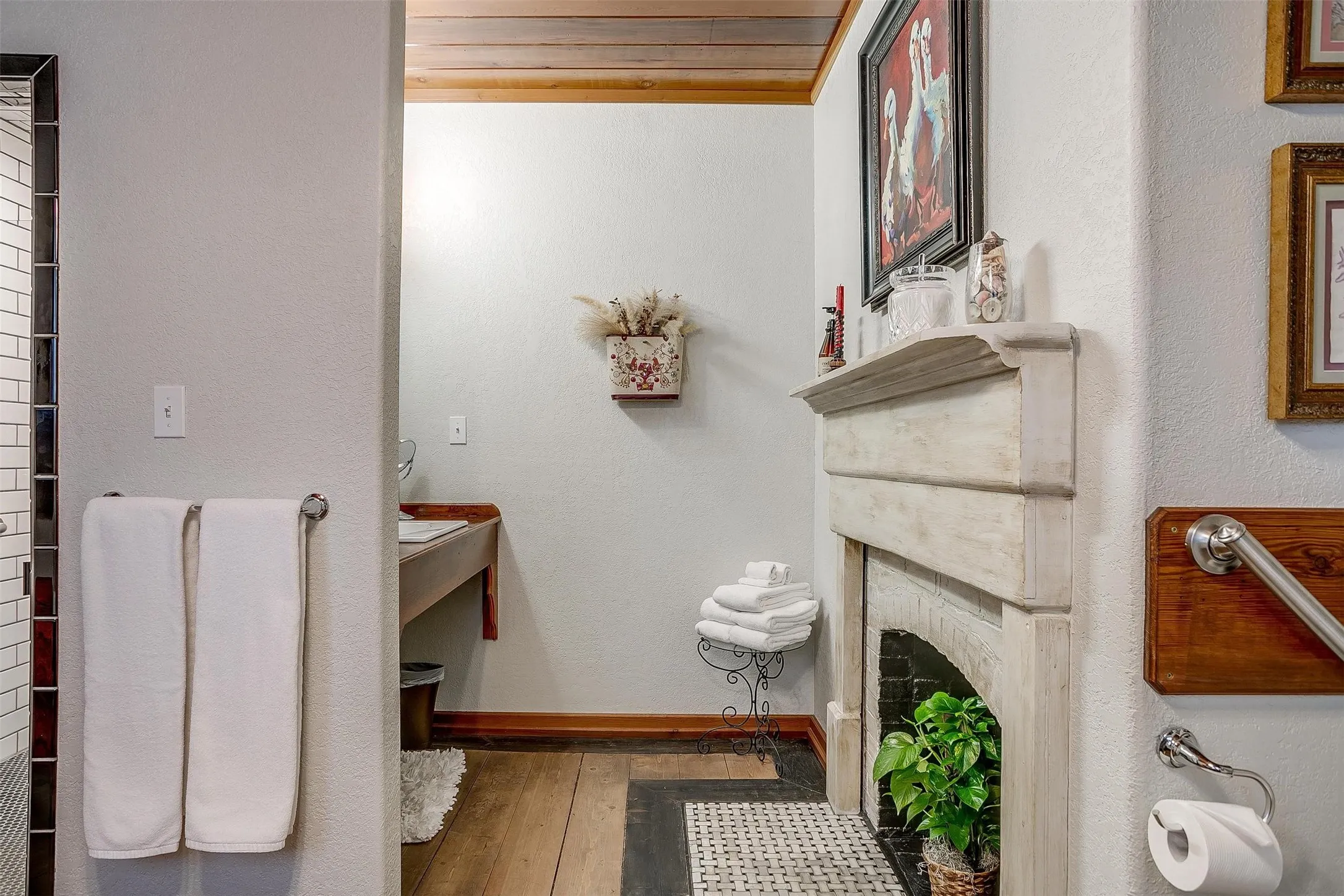 large bathroom with custom shower, bath