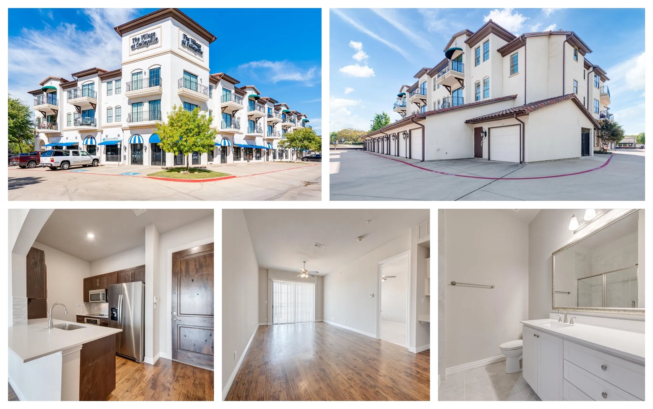 Property Listing Images. Exterior views of the building and garage area, with interior views of the kitchen, living space, and bathroom