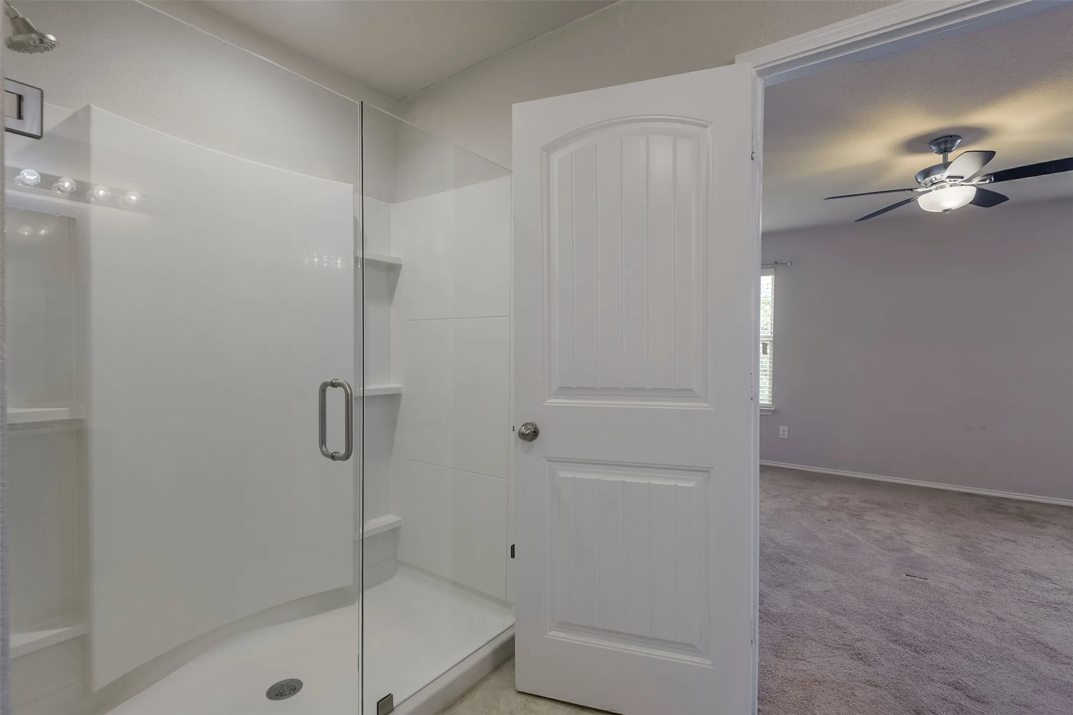 Shower with glass enclosure, built-in shelving, and overhead lighting
